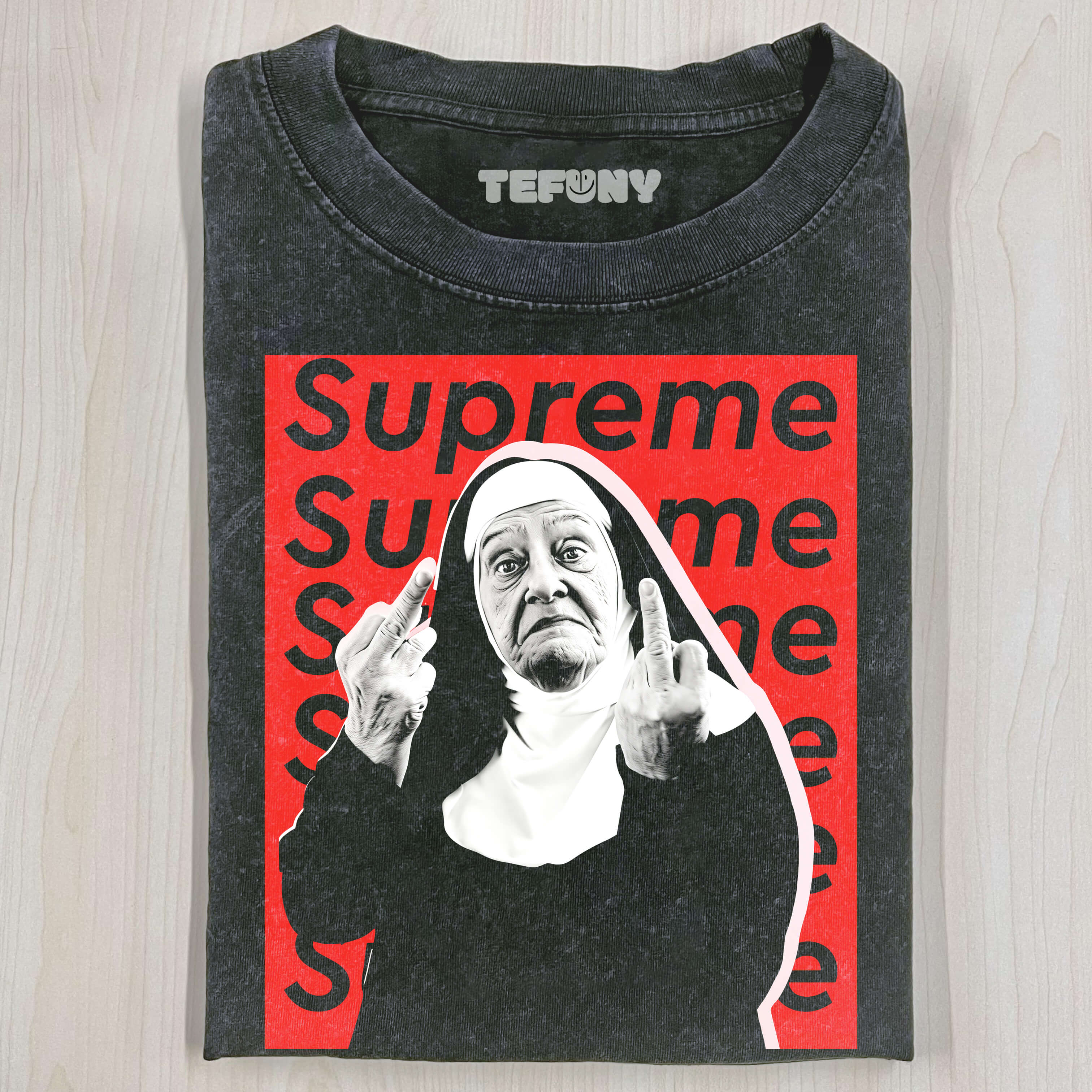 SUPREME NUN GIVING THE MIDDLE FINGER T-SHIRT
