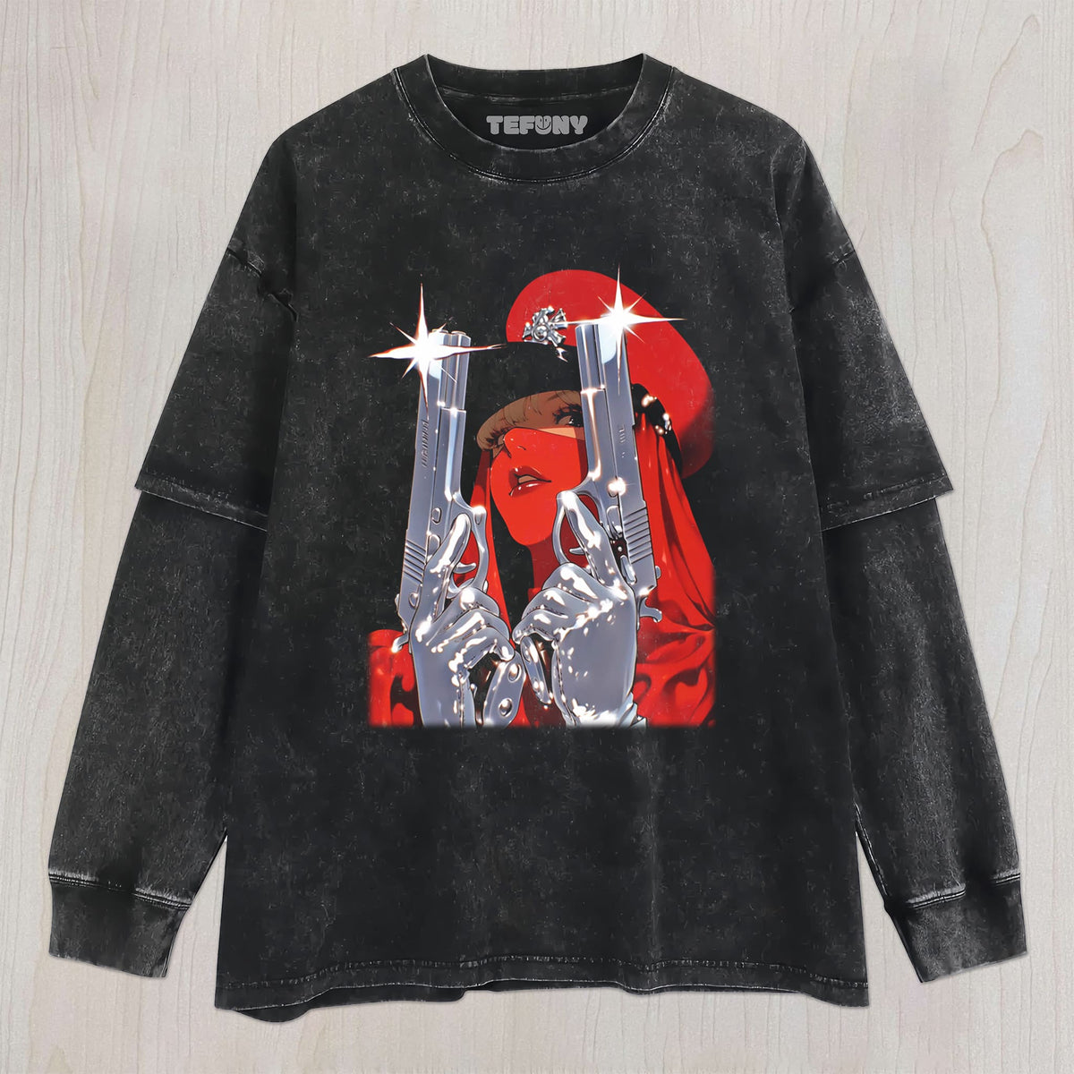 ANIME GIRL WITH DUAL GUNS UNISEX TEE, TANK TOP, LAYERED LS, SWEATSHIRT & HOODIE