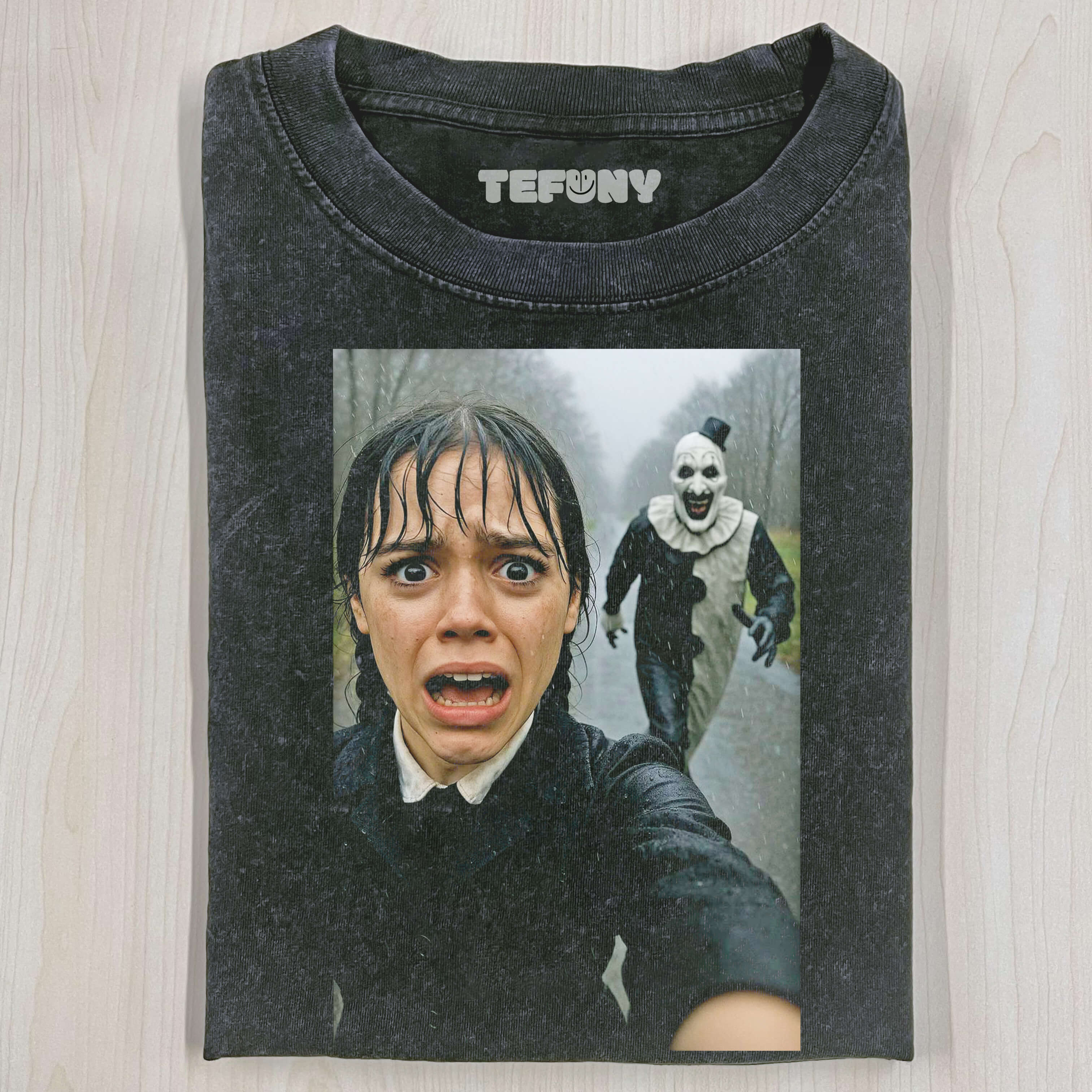 ART THE CLOWN CHASING WEDNESDAY ADDAMS T-SHIRT