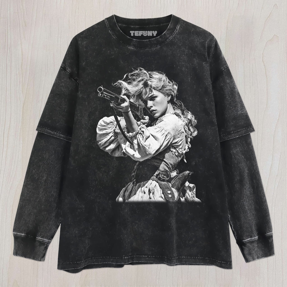 A WESTERN GIRL HOLDING A GUN UNISEX TEE, TANK TOP, LAYERED LS, SWEATSHIRT & HOODIE