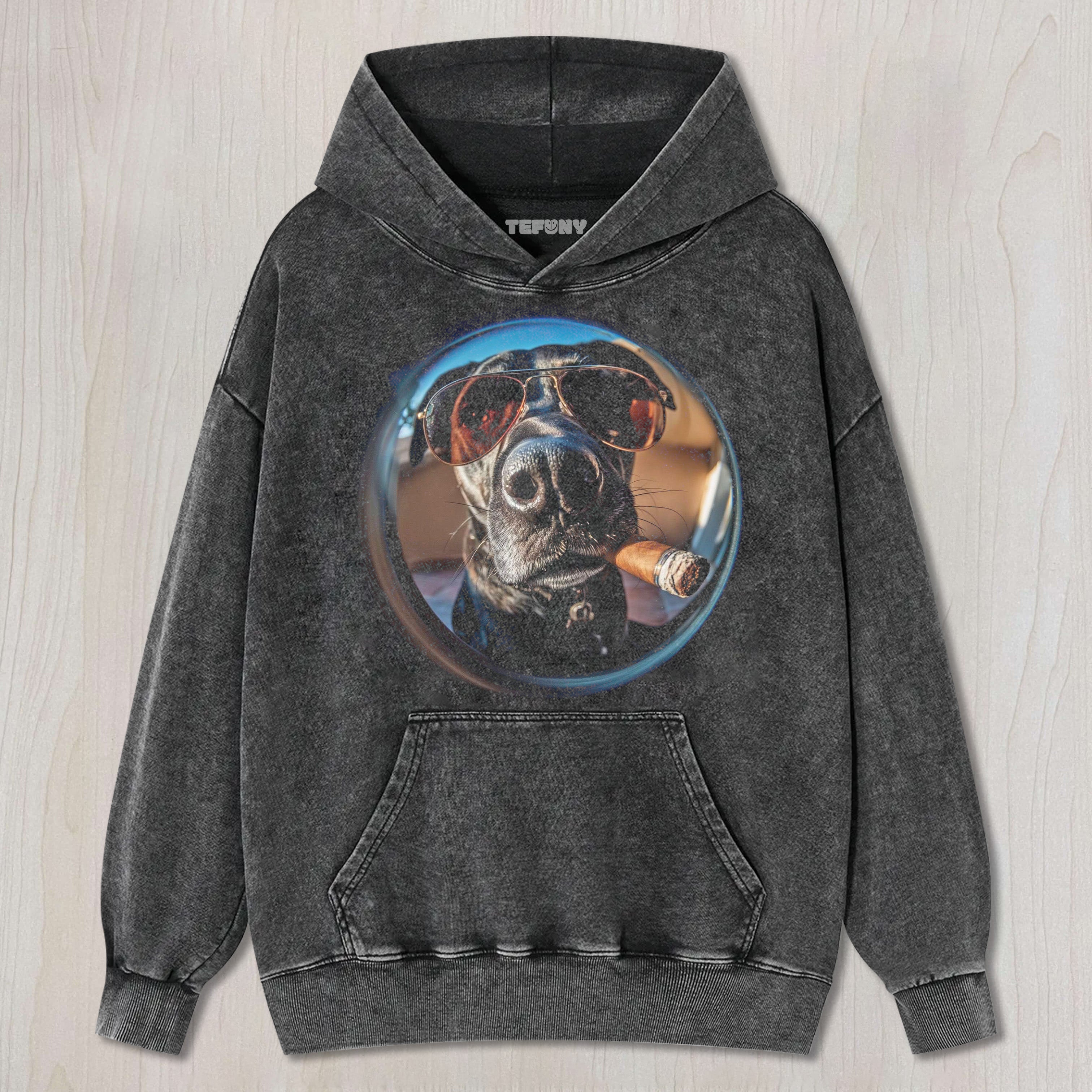 A SMOKING DOG IN A FISHEYE LENS T-SHIRT