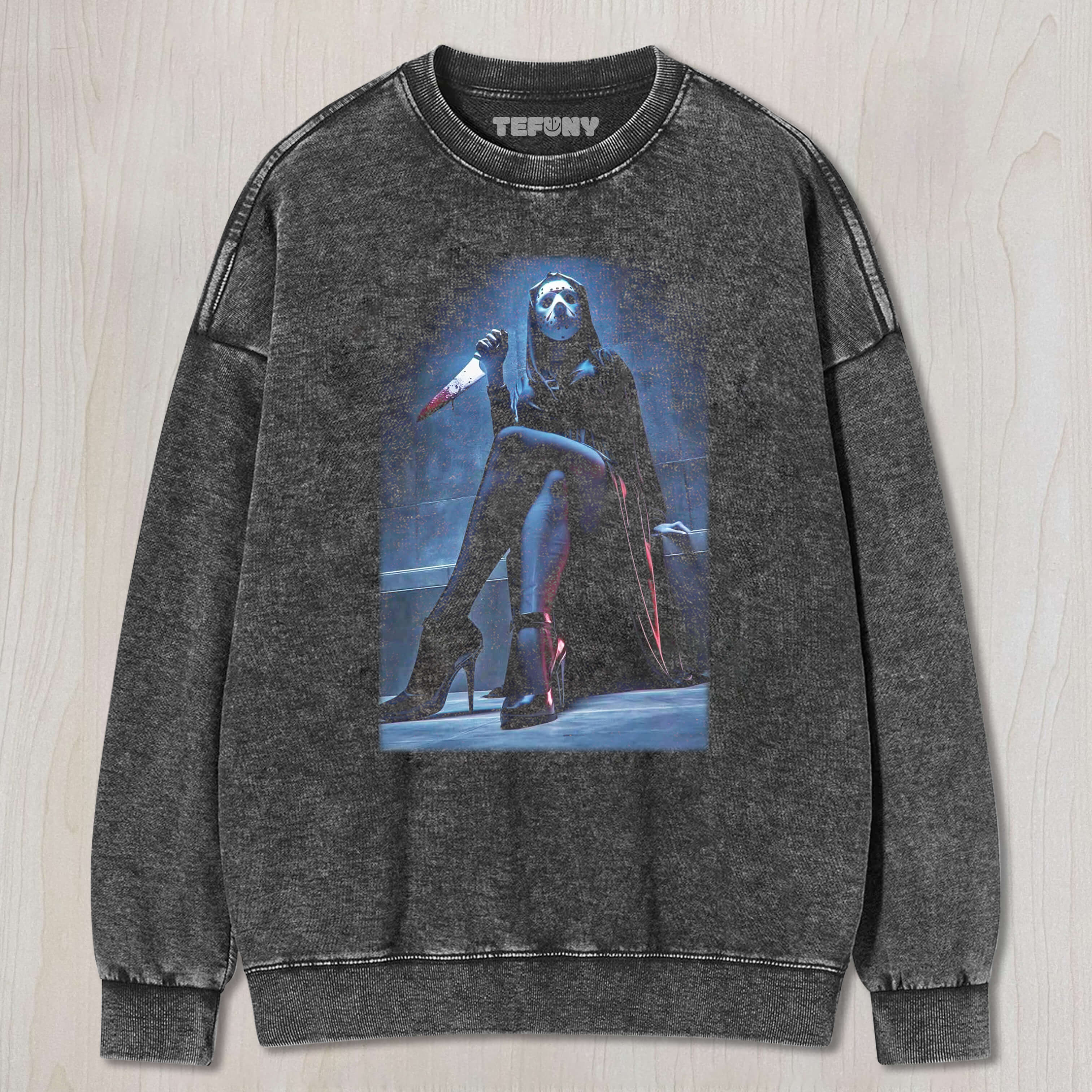 A WOMAN WEARING A JASON MASK TEE & SWEAT & HOOD