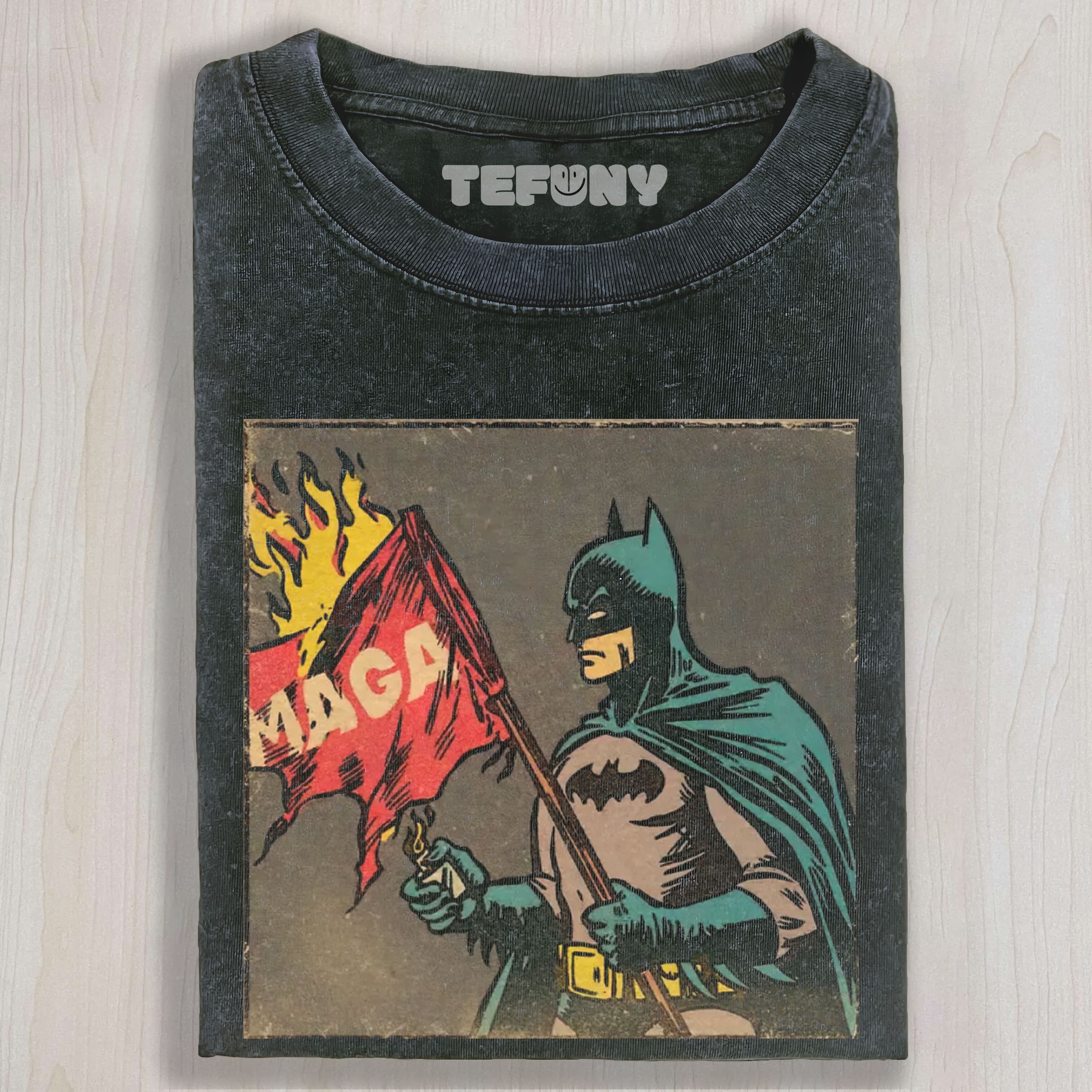 BATMAN MAGA FLAG BURNIN POLITICAL PARODY VINTAGE WASHED TEE & SWEAT & HOOD