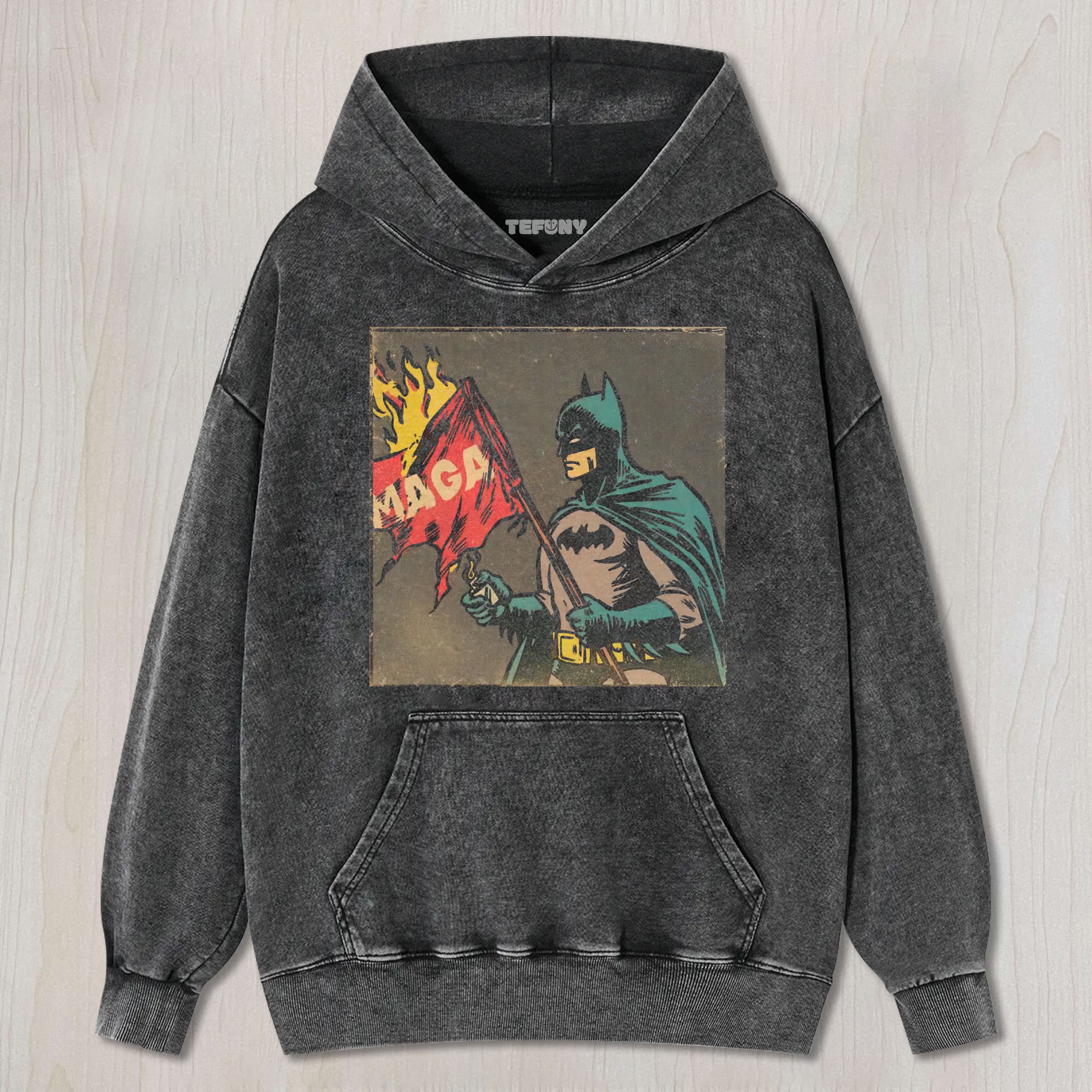 BATMAN MAGA FLAG BURNIN POLITICAL PARODY VINTAGE WASHED TEE & SWEAT & HOOD