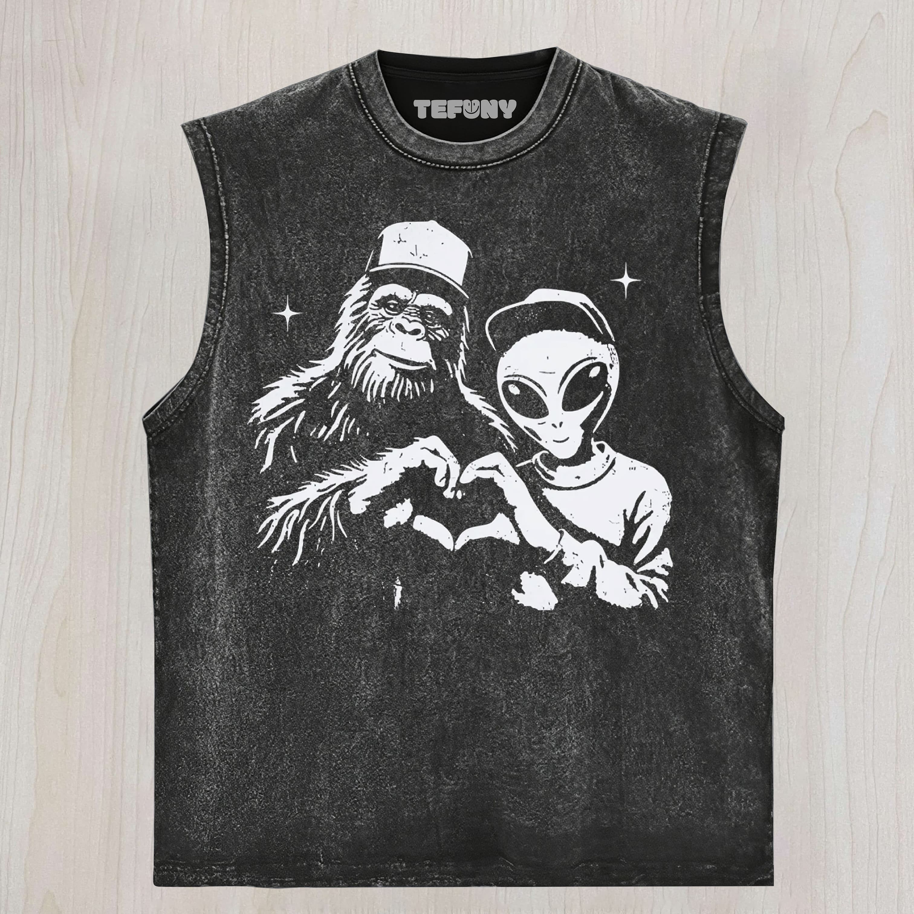 BIGFOOT AND ALIEN MAKING HEART GRAPHIC VINTAGE WASHED UNISEX TEE, TANK TOP, LAYERED LS, SWEATSHIRT & HOODIE