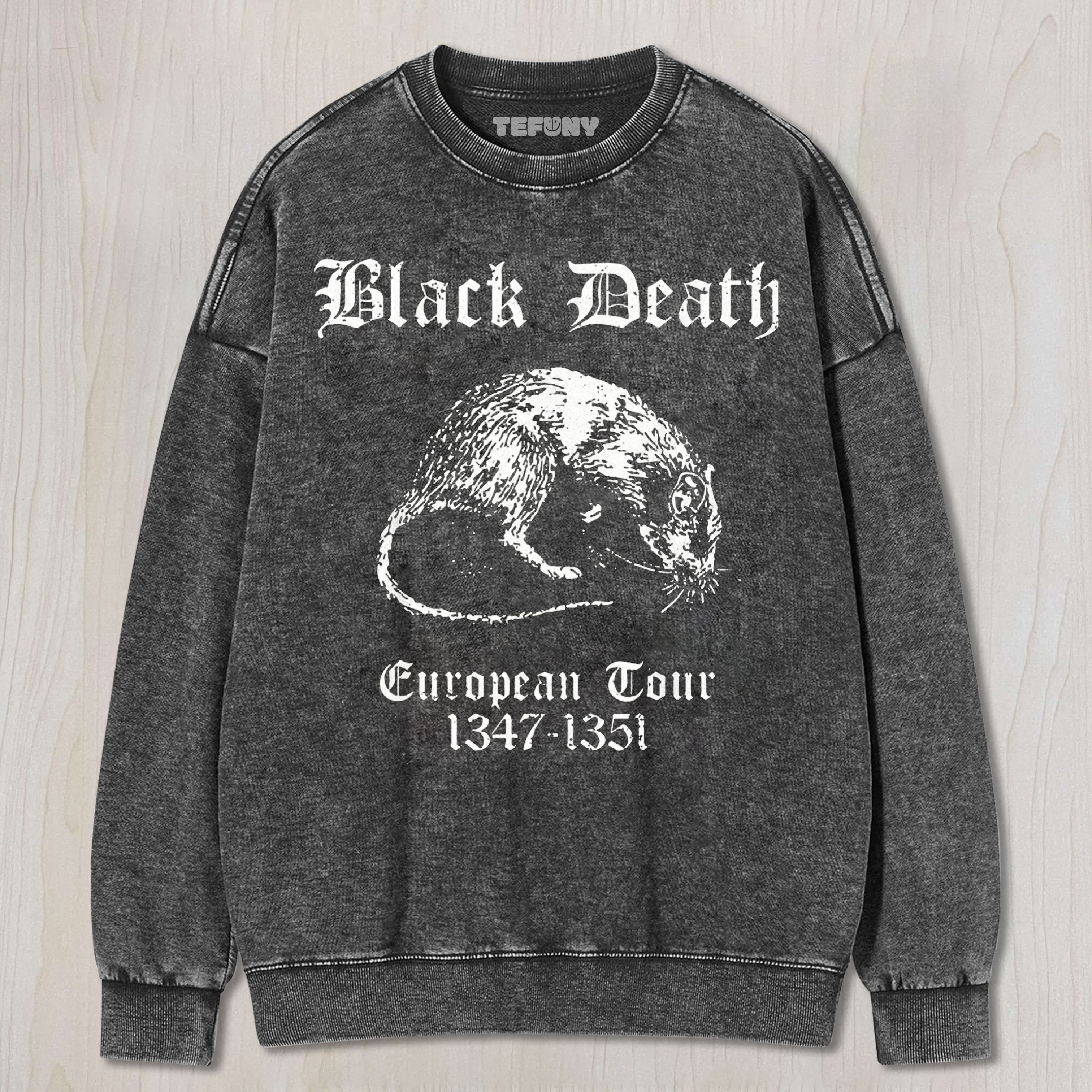 BLACK DEATH RAT EUROPEAN TOUR GRAPHIC WASHED UNISEX TEE, TANK TOP, LAYERED LS, SWEATSHIRT & HOODIE