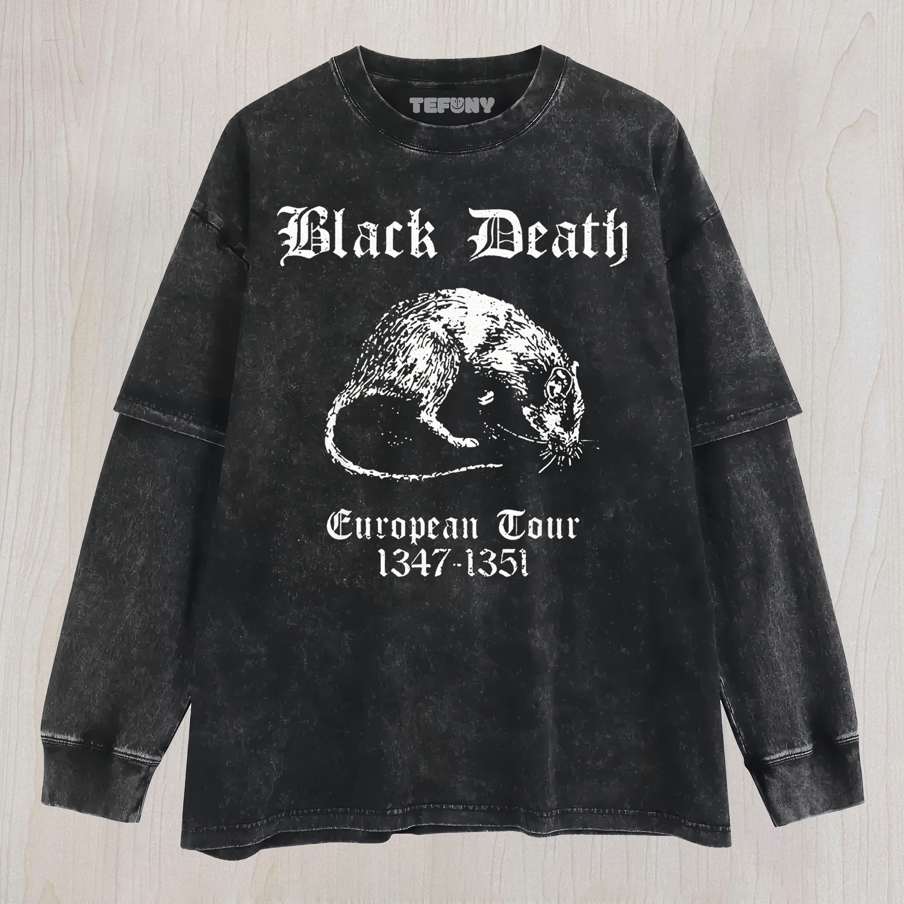 BLACK DEATH RAT EUROPEAN TOUR GRAPHIC WASHED UNISEX TEE, TANK TOP, LAYERED LS, SWEATSHIRT & HOODIE