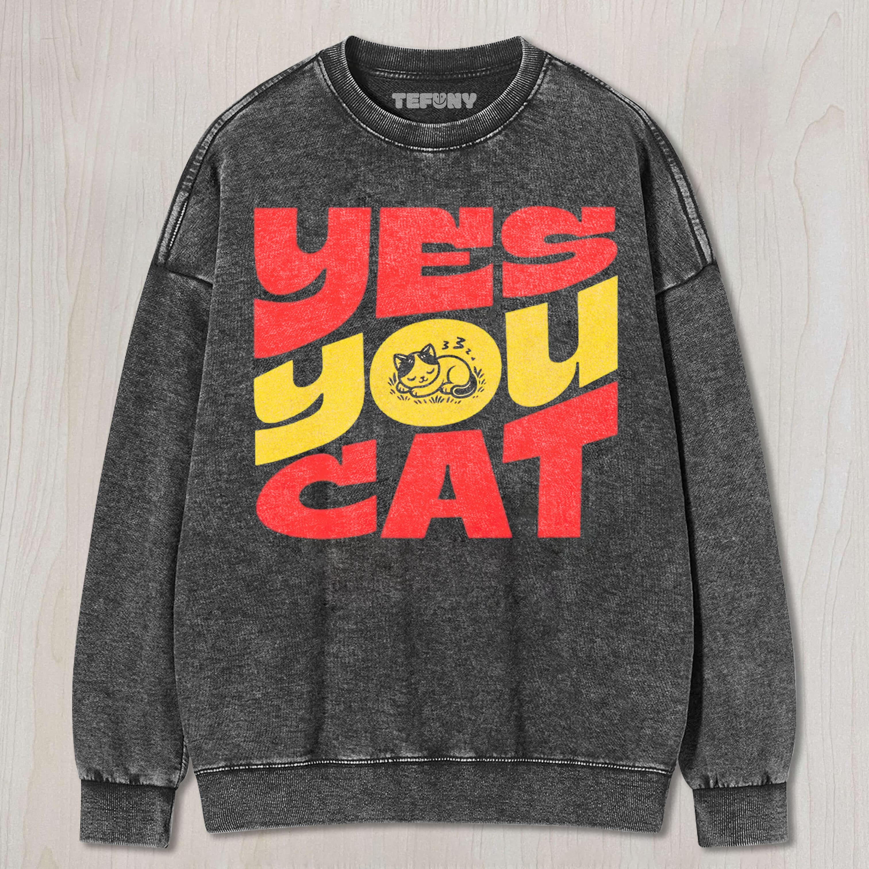 BOLDRED YELLOW BLOCK LETTER YES YOU CAT NAPPING KITTEN GRAPHIC WASHED UNISEX TEE, TANK TOP, LAYERED LS, SWEATSHIRT & HOODIE