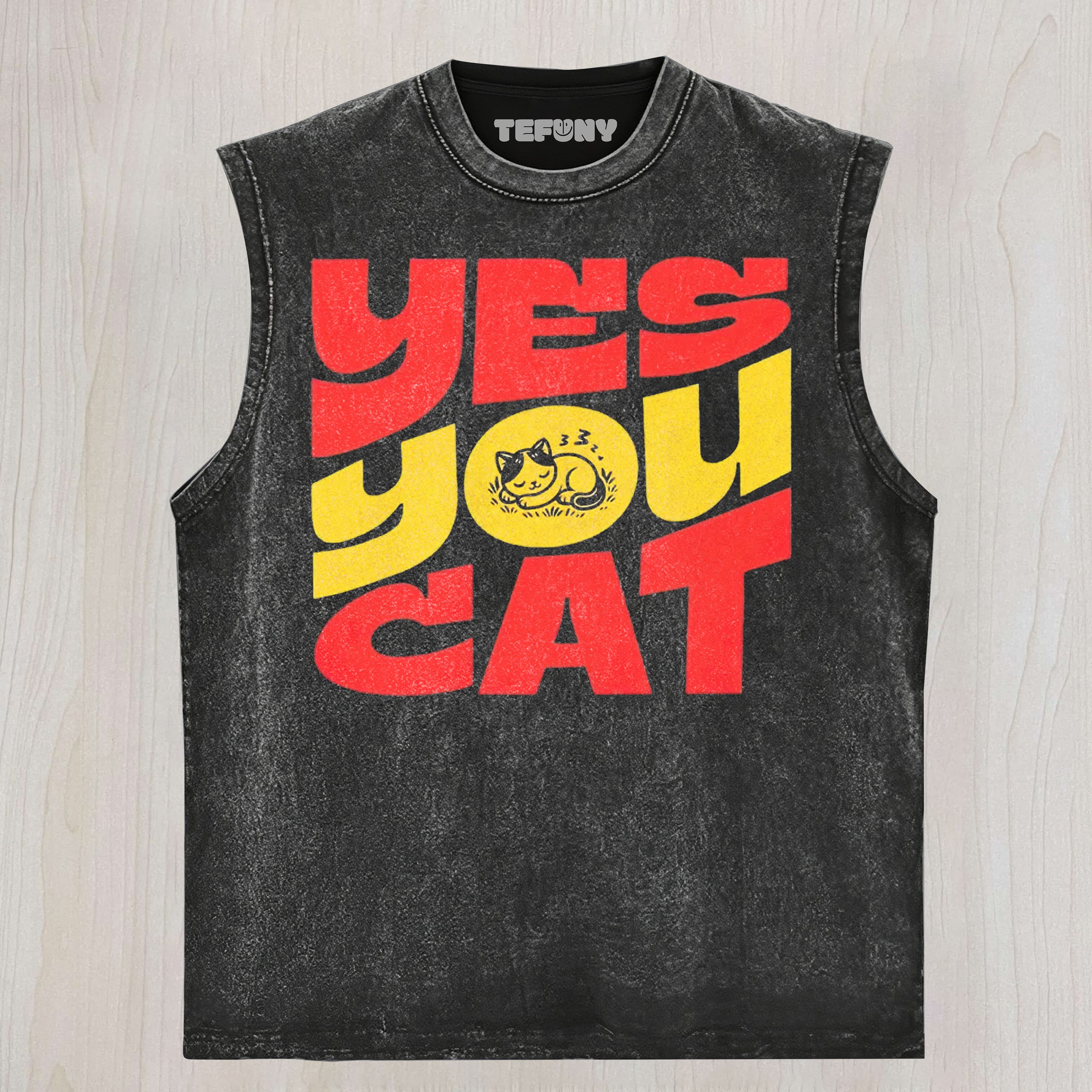 BOLDRED YELLOW BLOCK LETTER YES YOU CAT NAPPING KITTEN GRAPHIC WASHED UNISEX TEE, TANK TOP, LAYERED LS, SWEATSHIRT & HOODIE