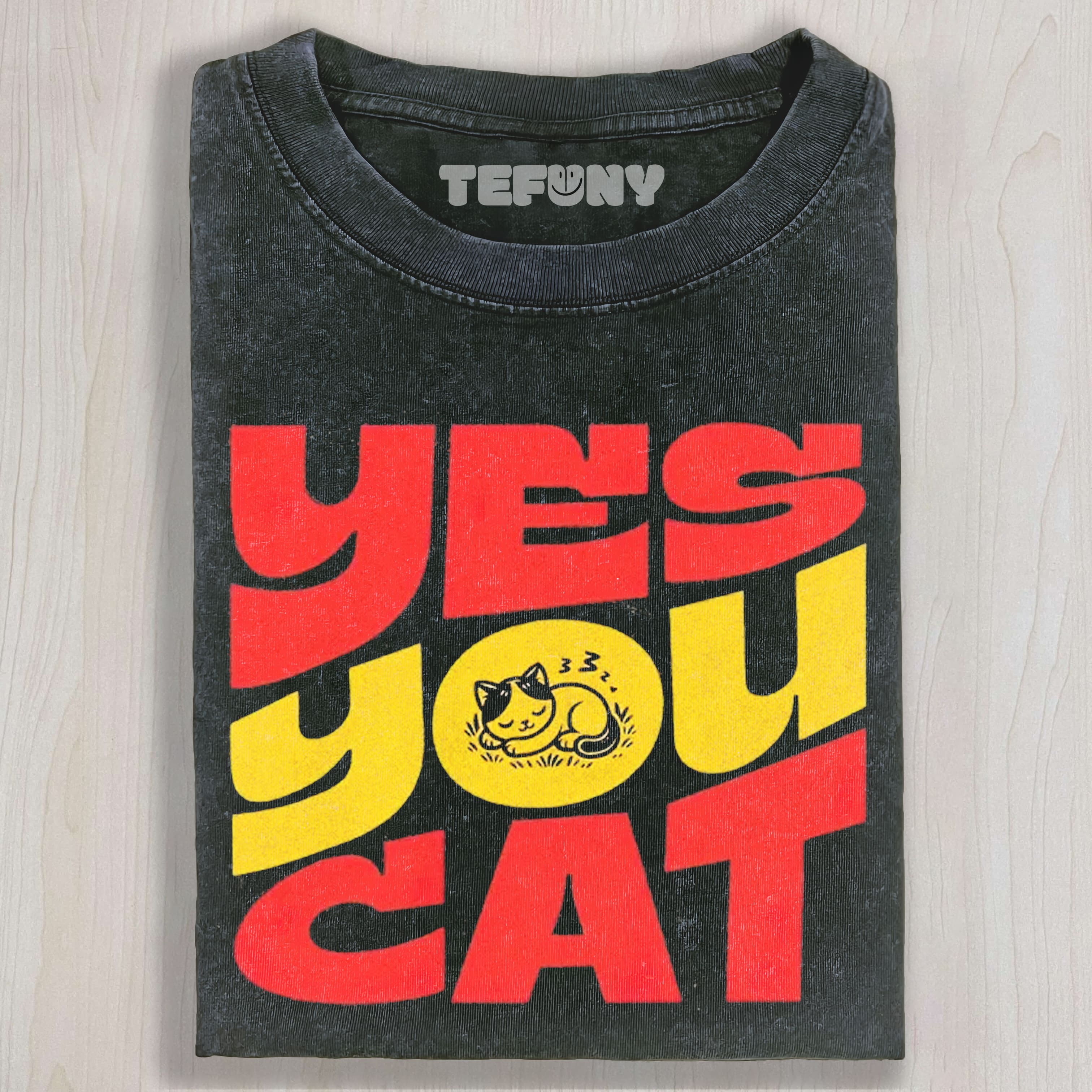 BOLDRED YELLOW BLOCK LETTER YES YOU CAT NAPPING KITTEN GRAPHIC WASHED UNISEX TEE, TANK TOP, LAYERED LS, SWEATSHIRT & HOODIE