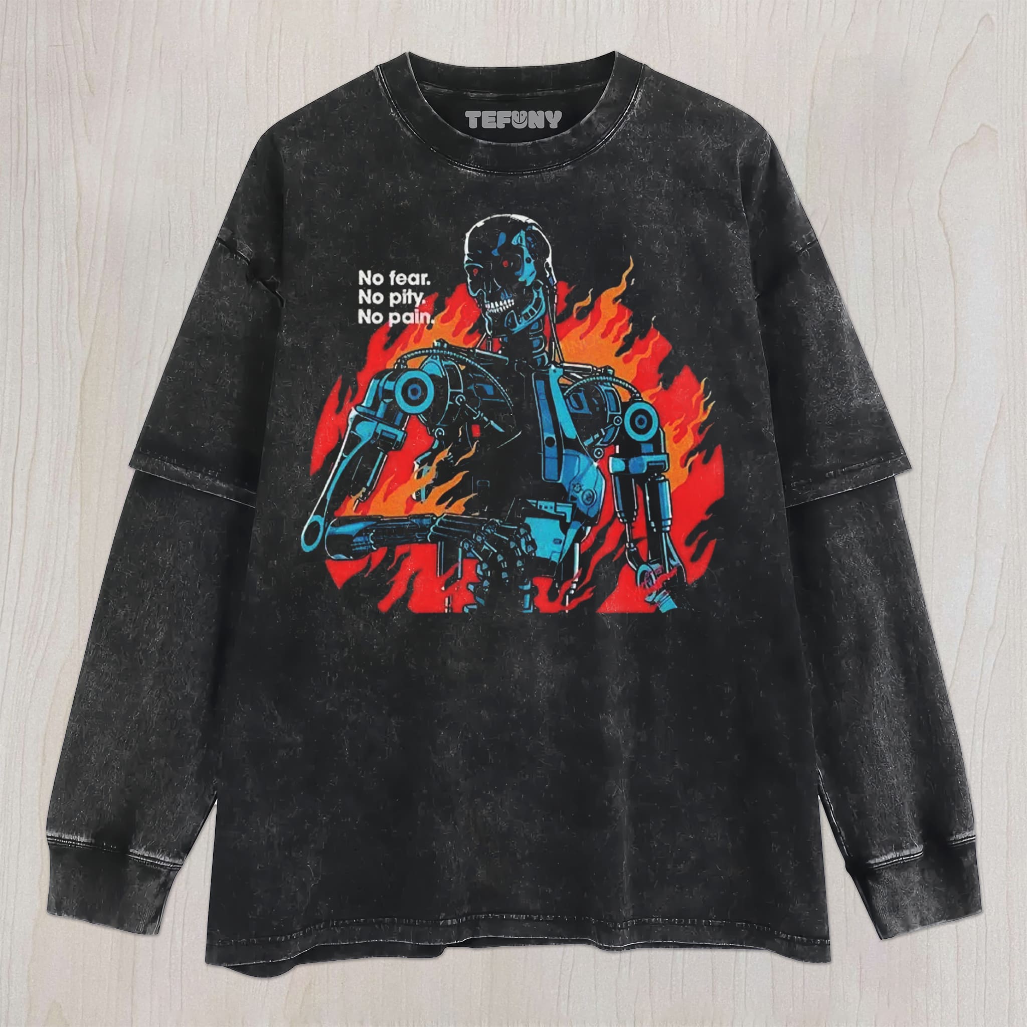 BURNING CYBER SKELETON WARRIOR RETRO SCI‑FI UNISEX TEE, TANK TOP, LAYERED LS, SWEATSHIRT & HOODIE