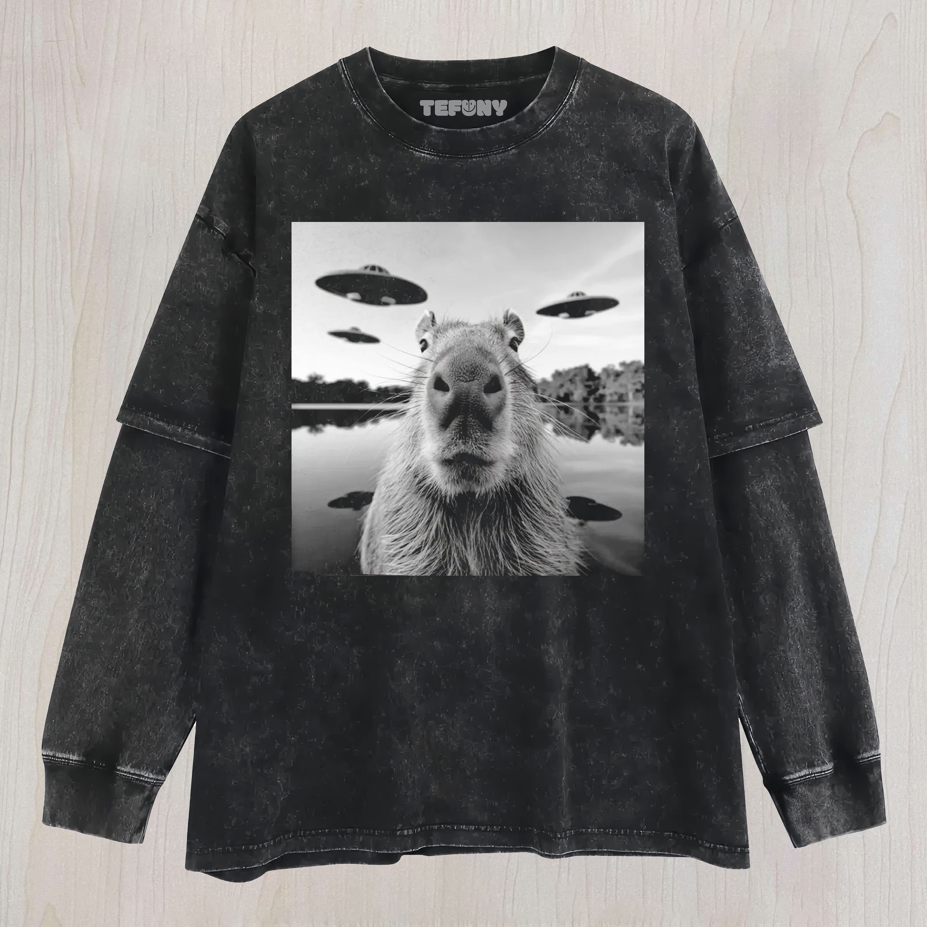 CAPYBARA UFO SELFIE GRAPHIC VINTAGE WASHED UNISEX TEE, TANK TOP, LAYERED LS, SWEATSHIRT & HOODIE