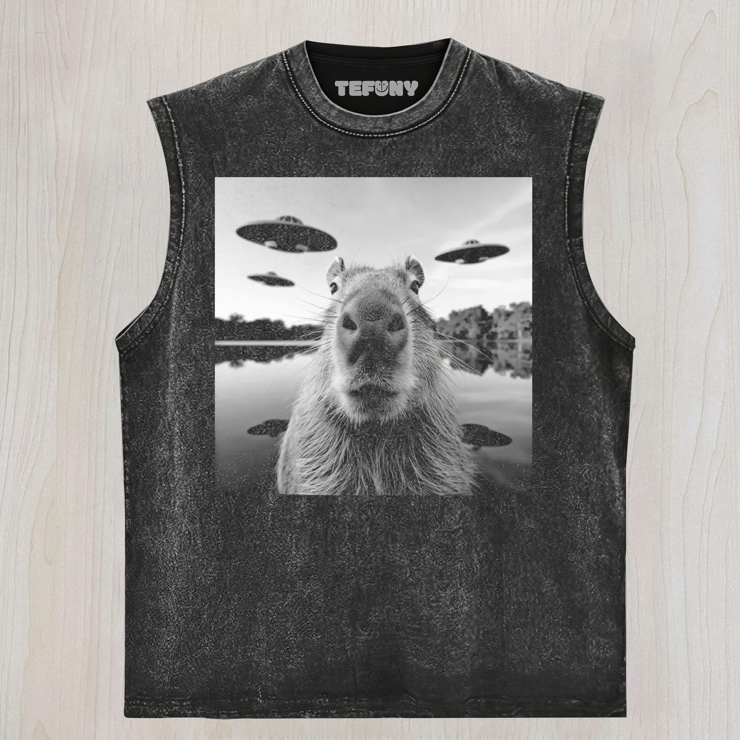 CAPYBARA UFO SELFIE GRAPHIC VINTAGE WASHED UNISEX TEE, TANK TOP, LAYERED LS, SWEATSHIRT & HOODIE