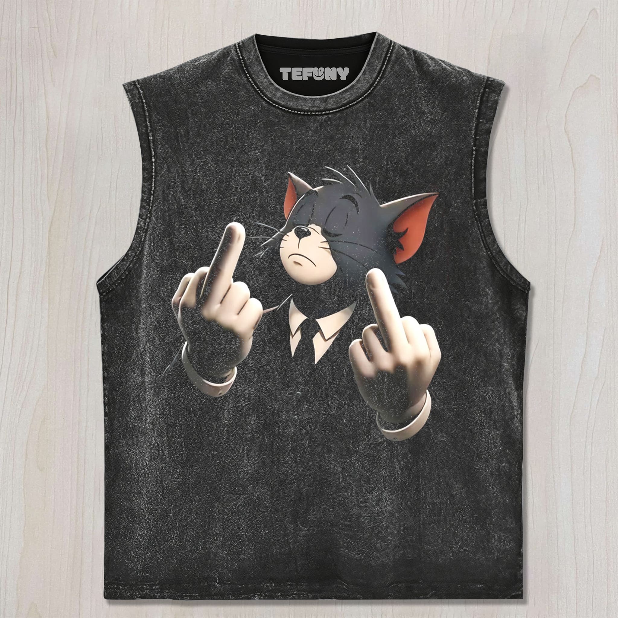 CARTOON CAT MIDDLE FINGER UNISEX TEE, TANK TOP, LAYERED LS, SWEATSHIRT & HOODIE