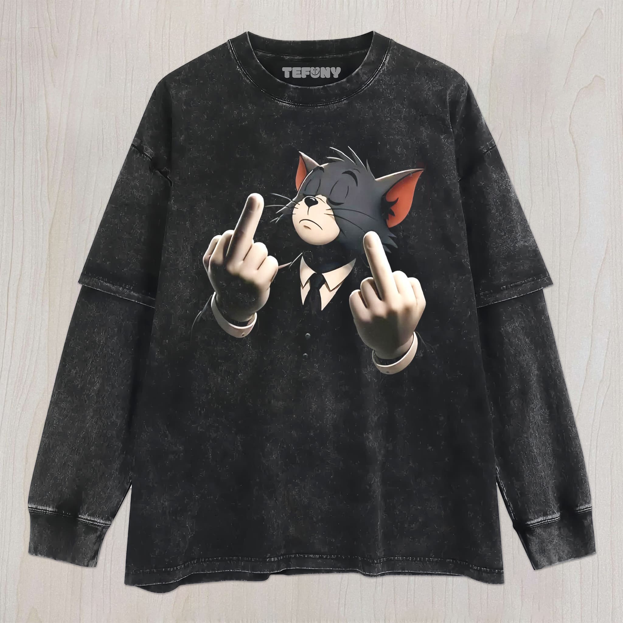 CARTOON CAT MIDDLE FINGER UNISEX TEE, TANK TOP, LAYERED LS, SWEATSHIRT & HOODIE