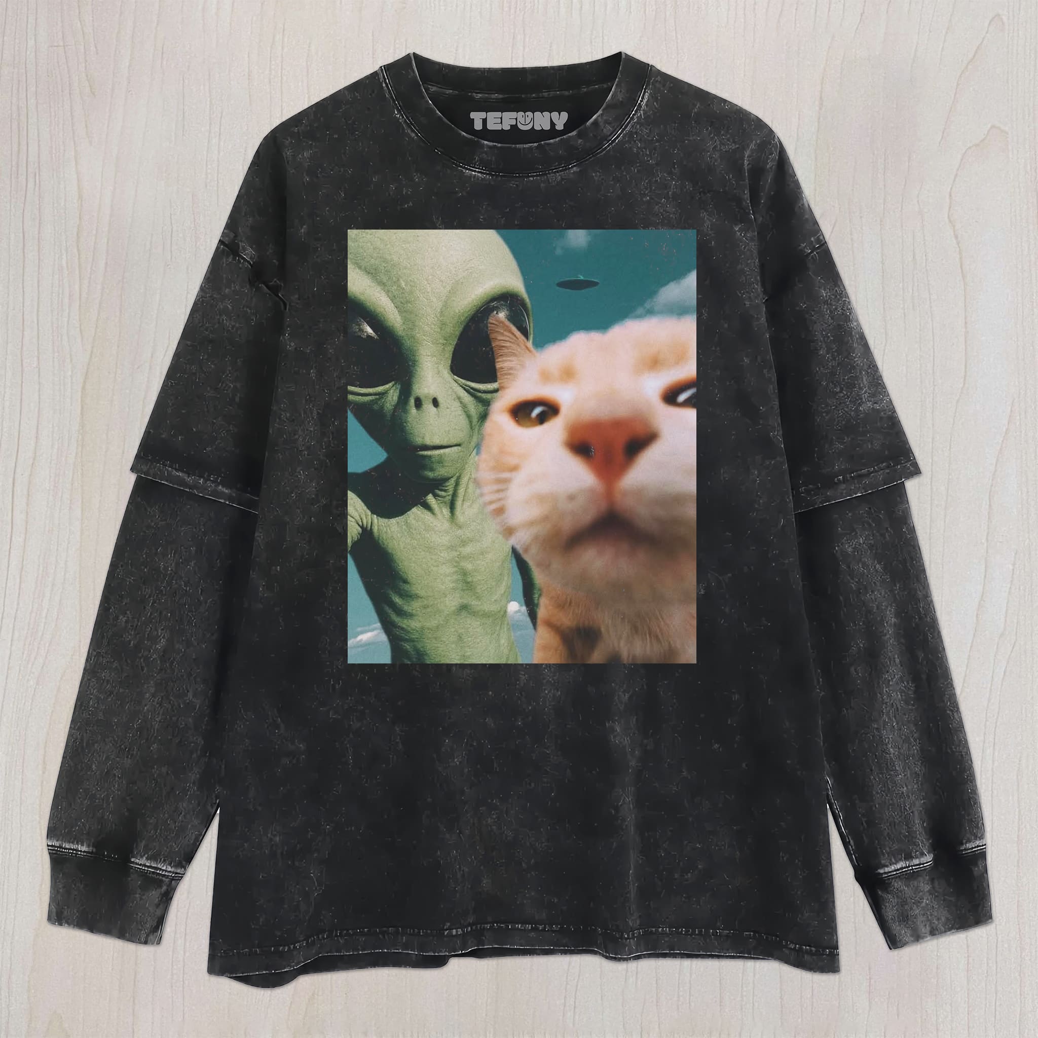 CAT AND ALIEN UNISEX TEE, TANK TOP, LAYERED LS, SWEATSHIRT & HOODIE