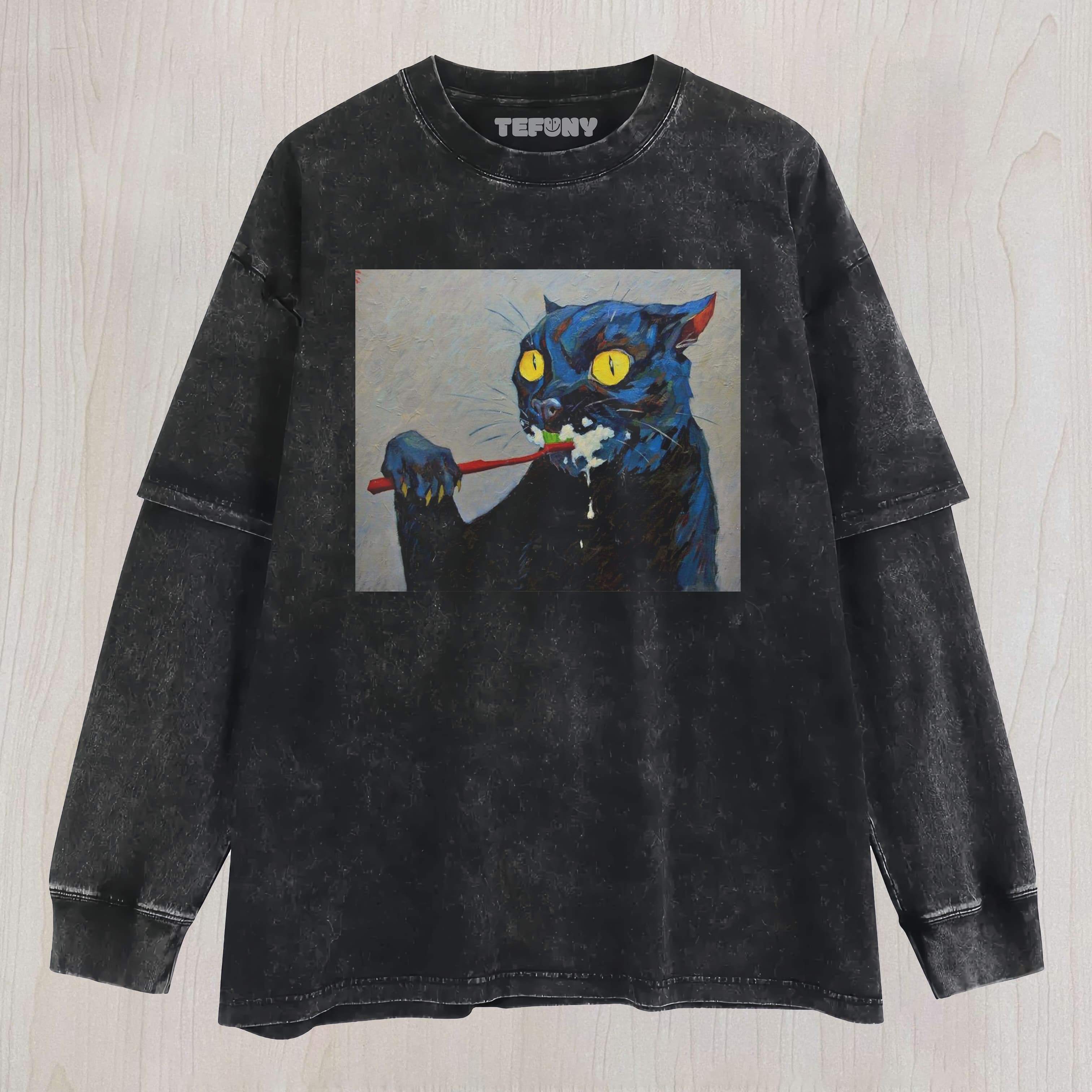 CAT BRUSHING TEETH LAYERED LONG SLEEVE