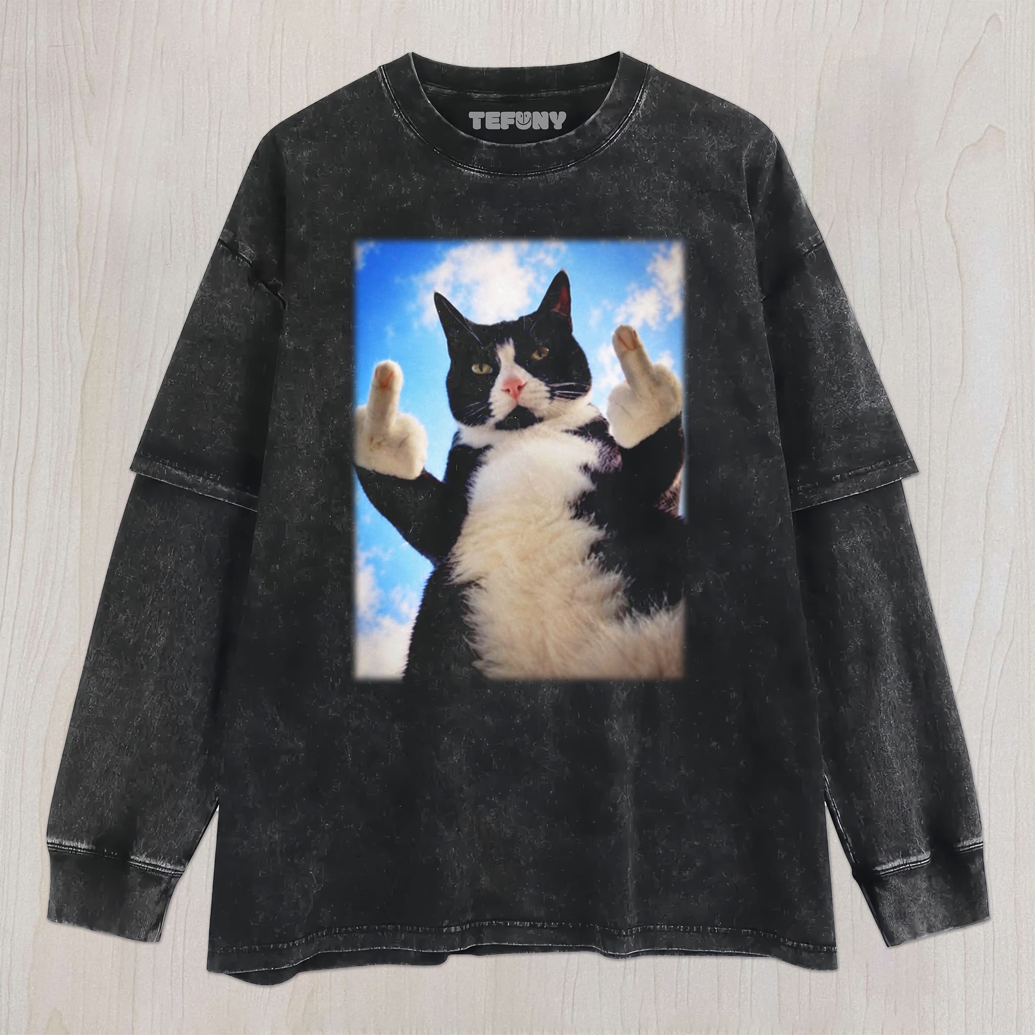 CAT GIVING THE MIDDLE FINGER V2 UNISEX TEE, TANK TOP, LAYERED LS, SWEATSHIRT & HOODIE