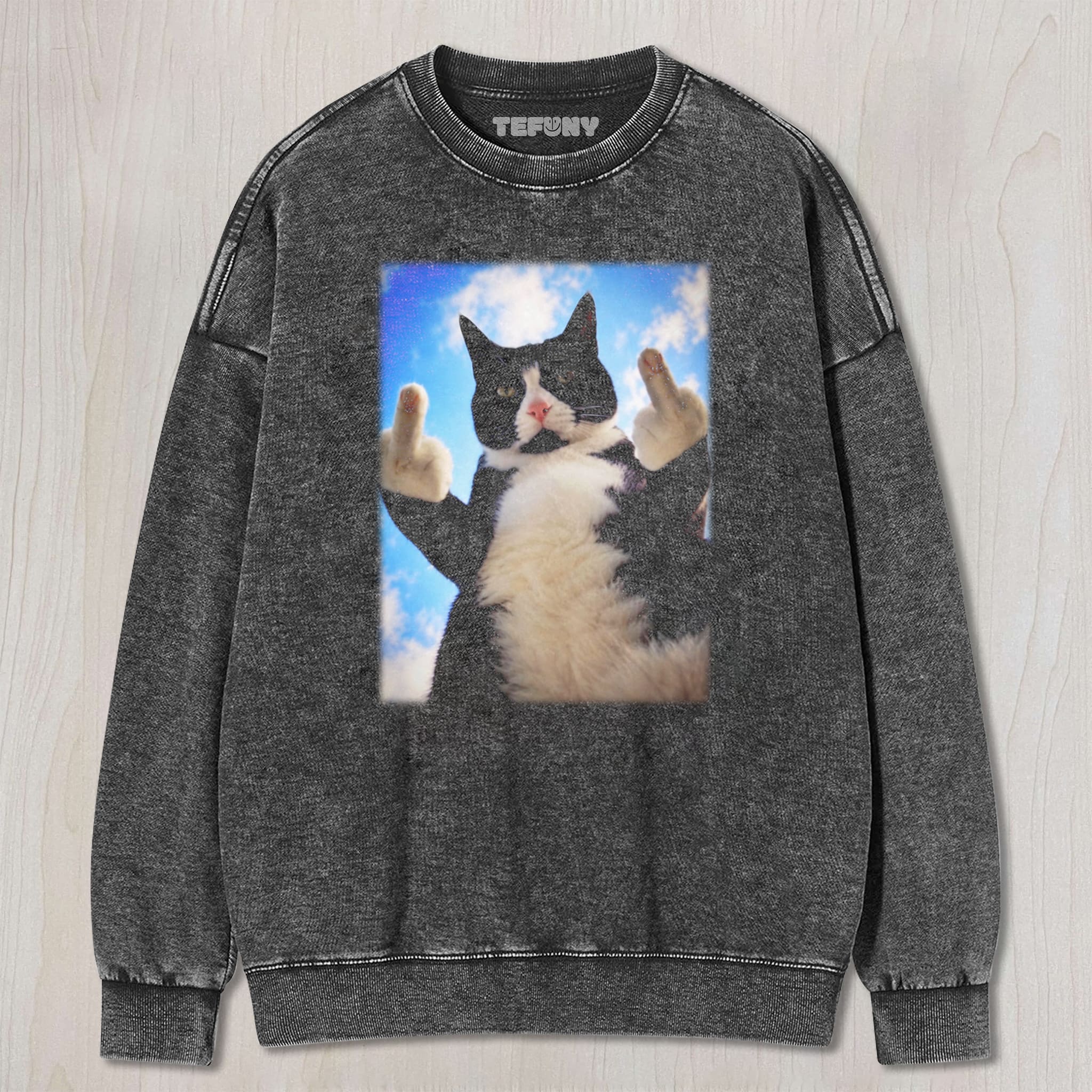 CAT GIVING THE MIDDLE FINGER V2 UNISEX TEE, TANK TOP, LAYERED LS, SWEATSHIRT & HOODIE
