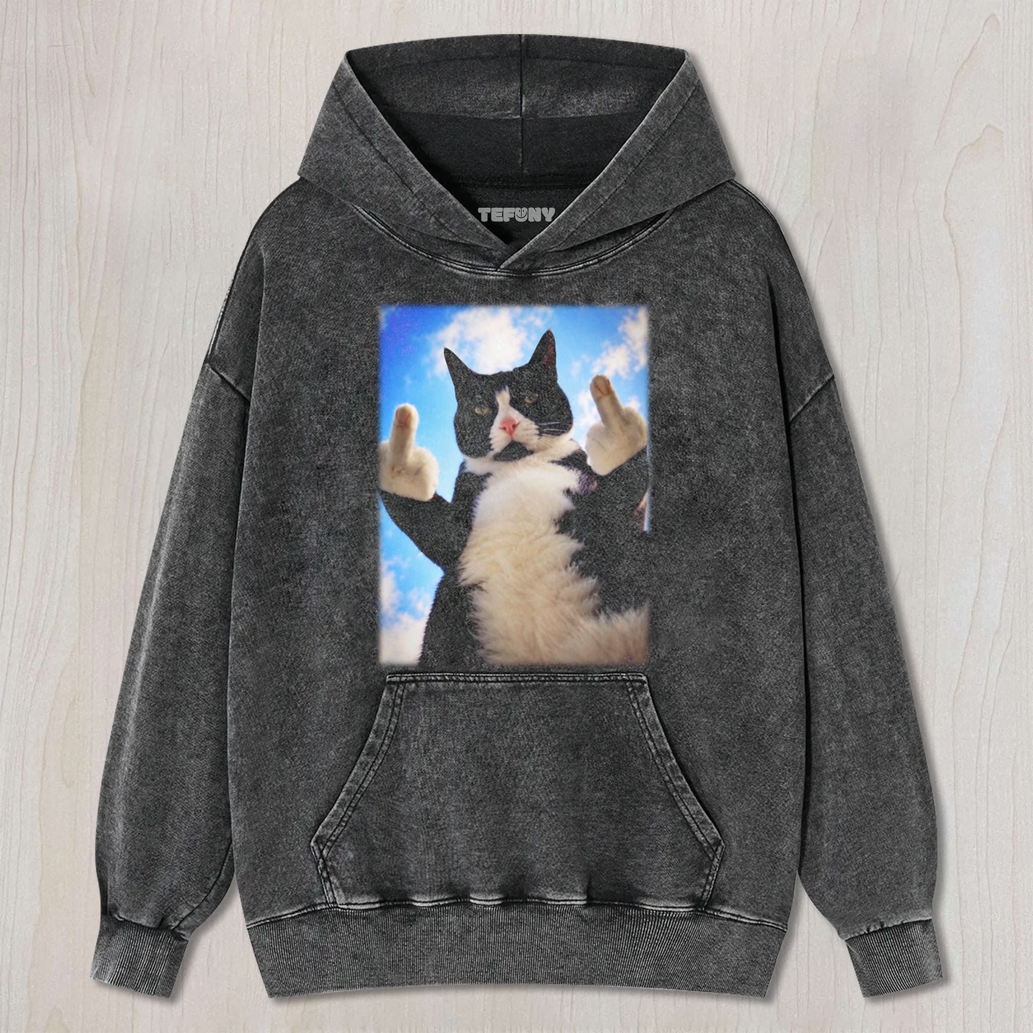 CAT GIVING THE MIDDLE FINGER V2 UNISEX TEE, TANK TOP, LAYERED LS, SWEATSHIRT & HOODIE