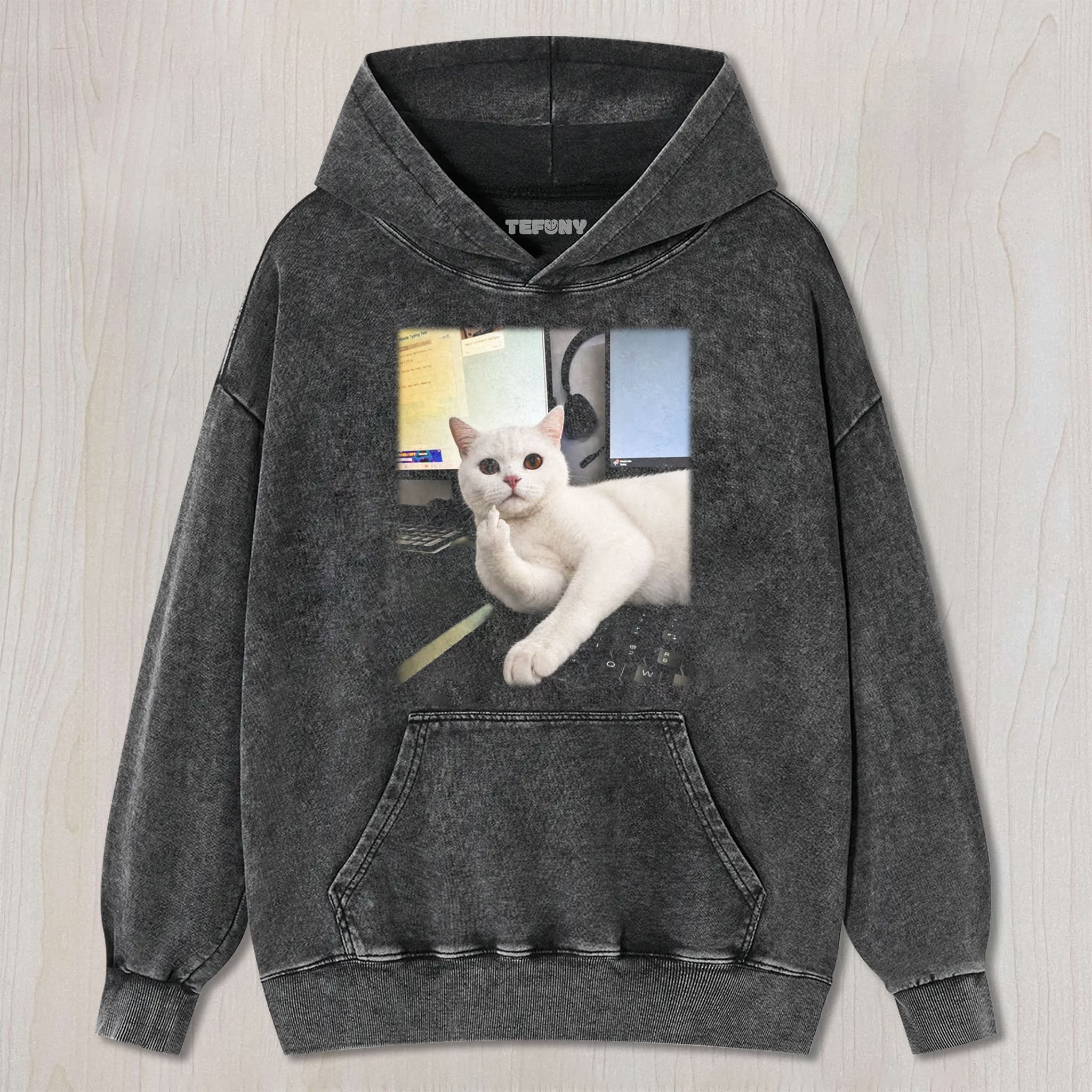 CAT GIVING THE MIDDLE FINGER V6 UNISEX TEE, TANK TOP, LAYERED LS, SWEATSHIRT & HOODIE