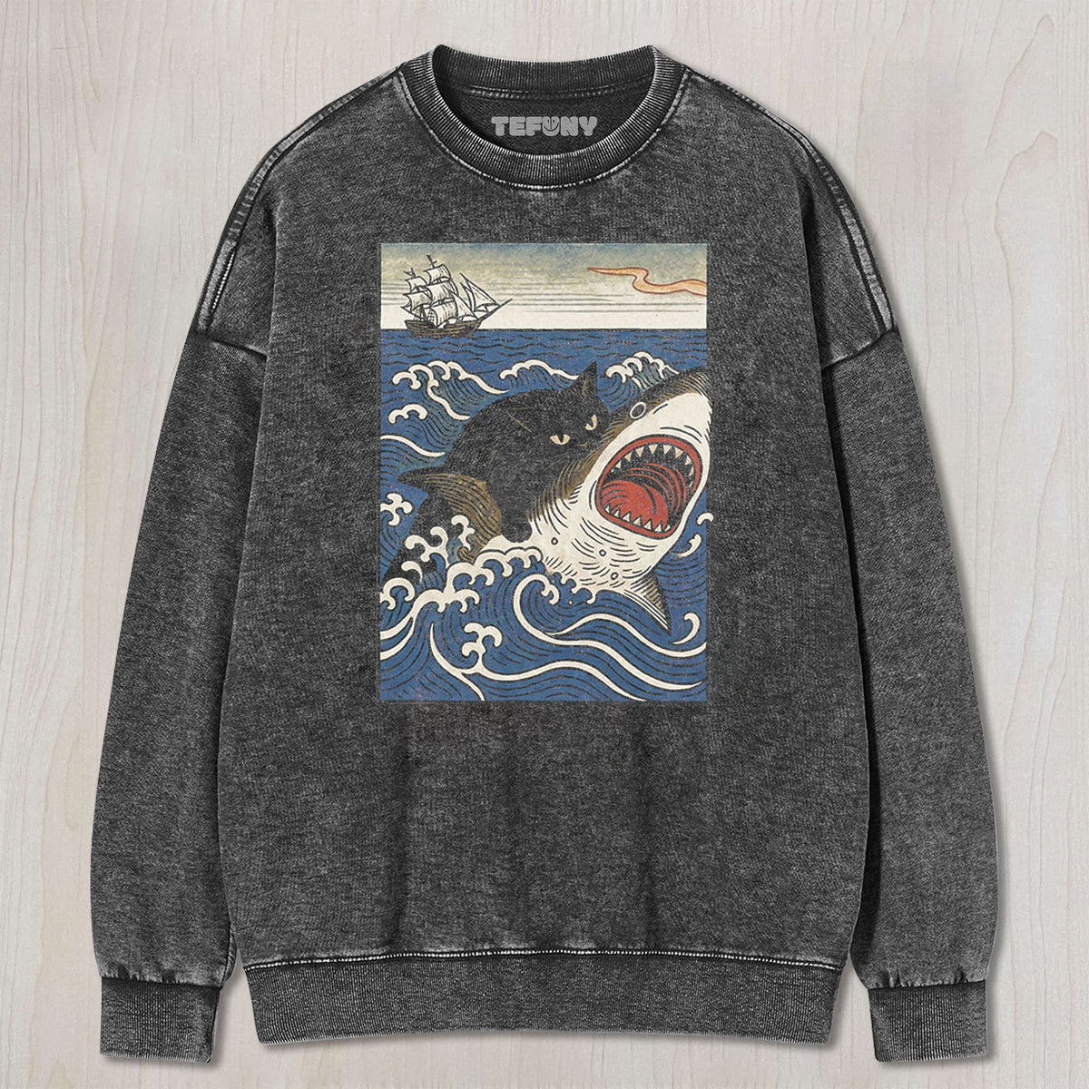 CAT RIDING SHARK RETRO UNISEX TEE, TANK TOP, LAYERED LS, SWEATSHIRT & HOODIE