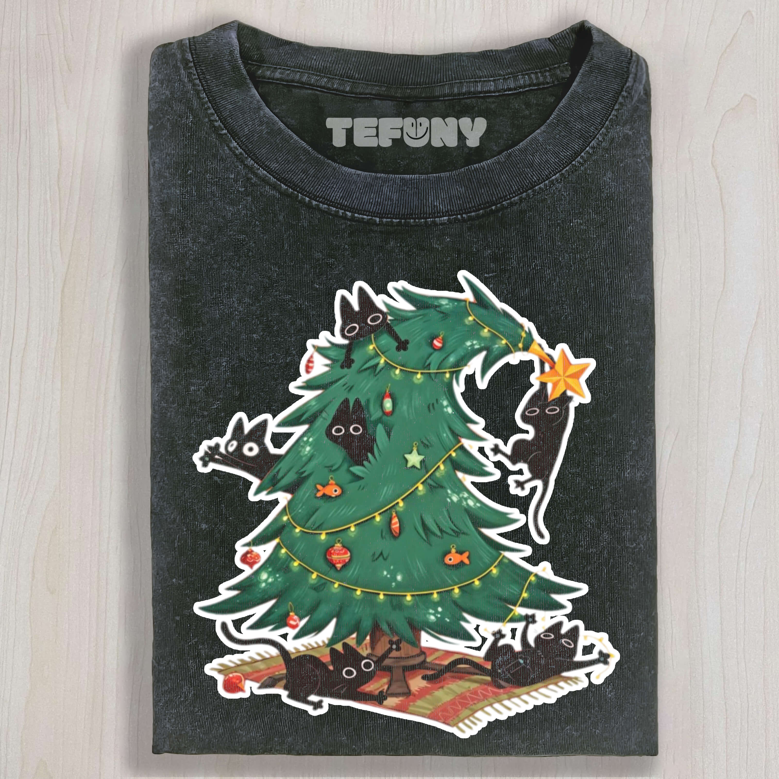 CAT ON CHRISTMAS TREE T-SHIRT