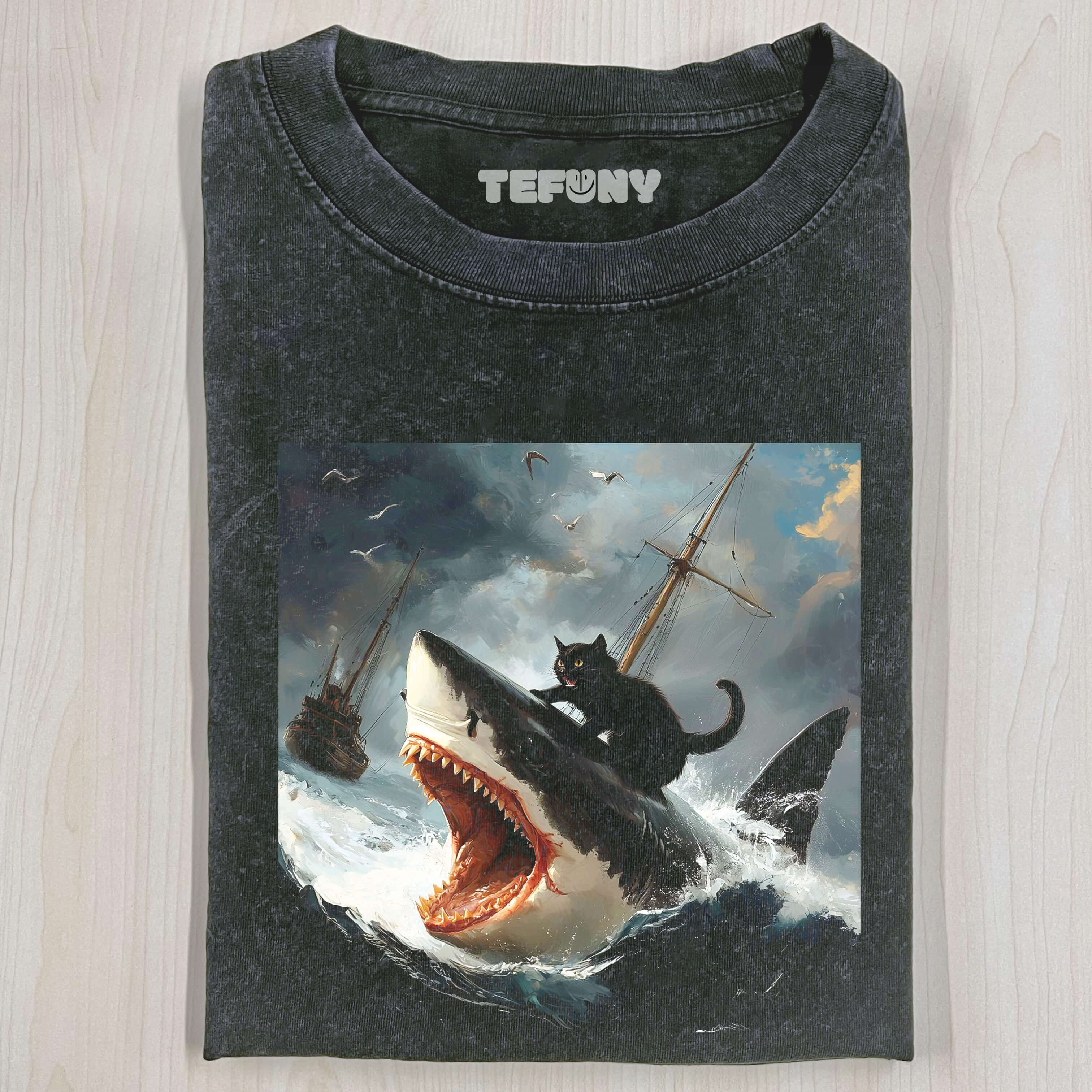 CAT ON SHARK T-SHIRT
