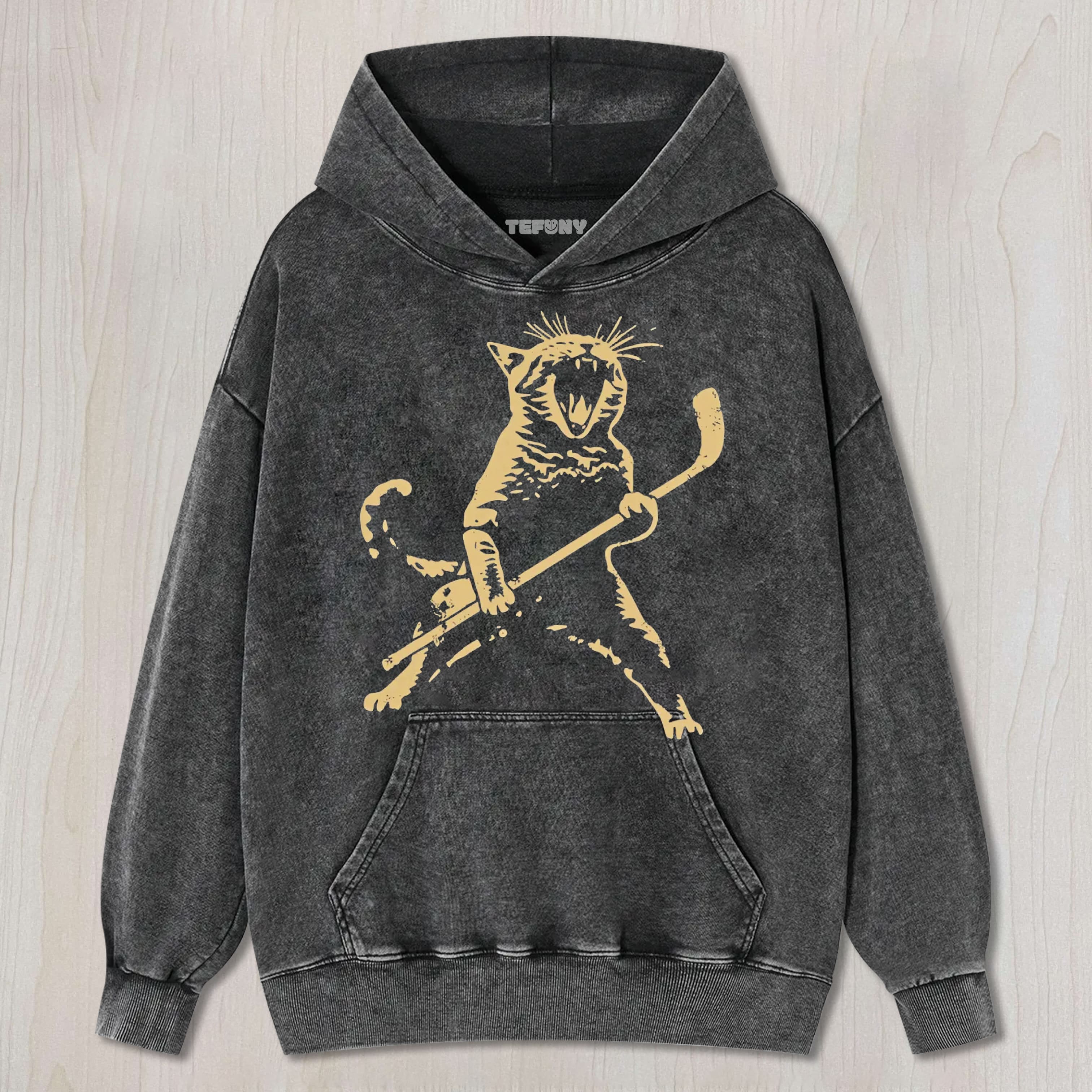 CAT PLAYING ICE HOCKEY HOCKEY WASHED UNISEX TEE, TANK TOP, LAYERED LS, SWEATSHIRT & HOODIE