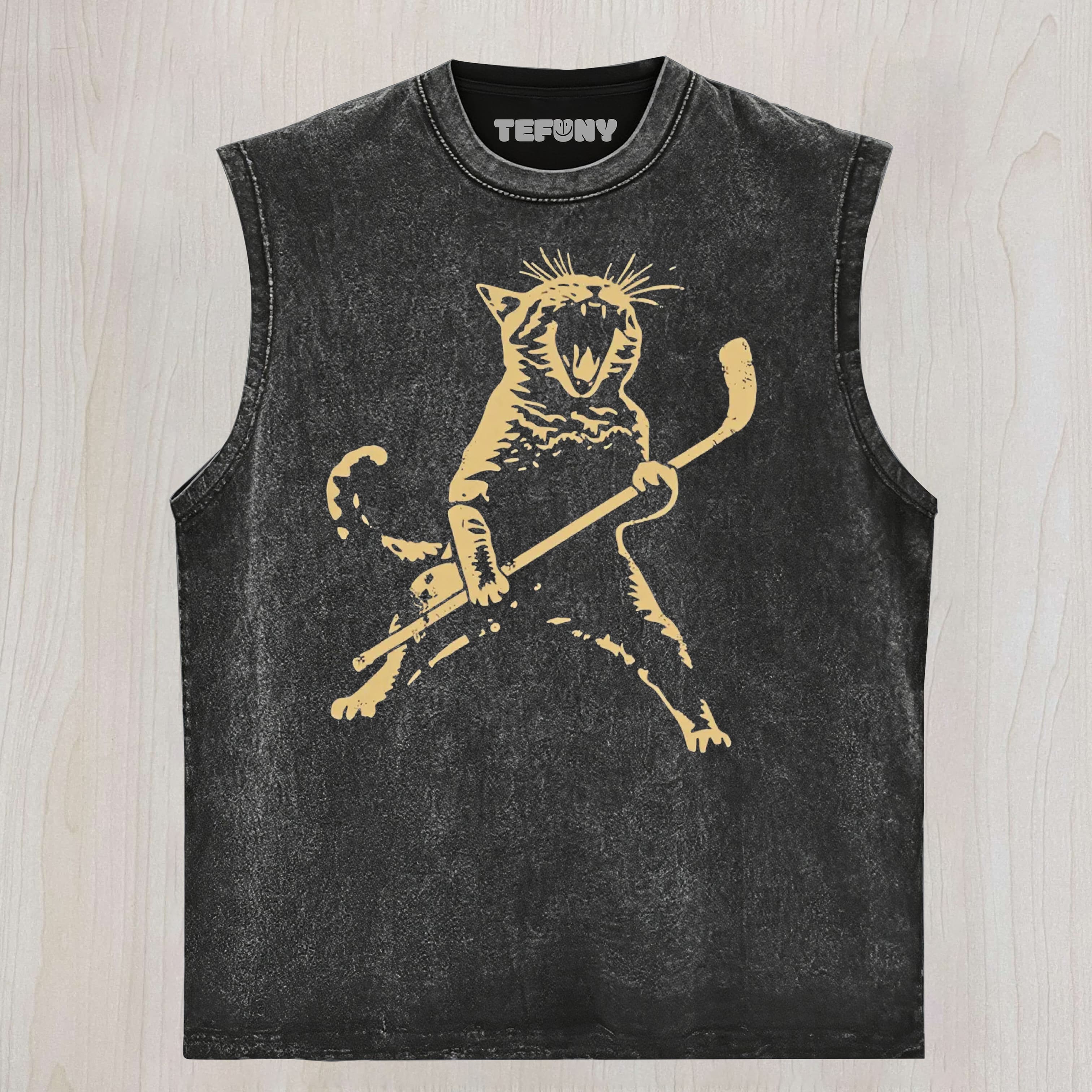 CAT PLAYING ICE HOCKEY HOCKEY WASHED UNISEX TEE, TANK TOP, LAYERED LS, SWEATSHIRT & HOODIE