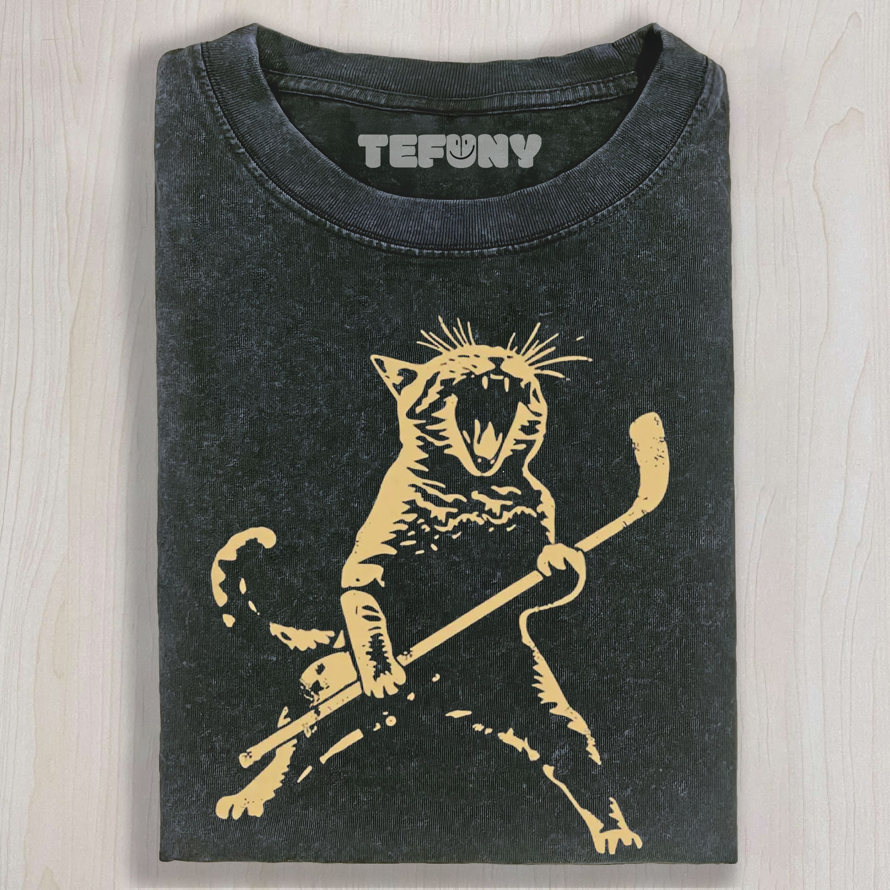 CAT PLAYING ICE HOCKEY HOCKEY WASHED UNISEX TEE, TANK TOP, LAYERED LS, SWEATSHIRT & HOODIE