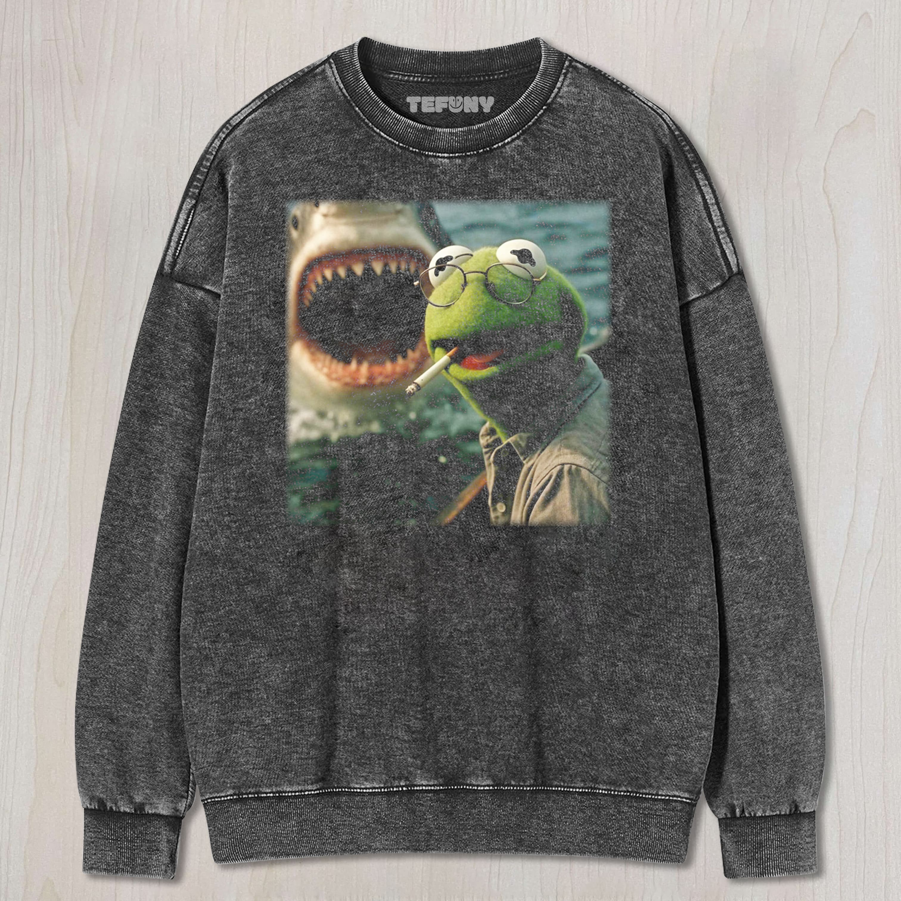 CHILL FROG PUPPET SMOKING WITH GIANT SHARK MEME TEE & SWEAT & HOOD