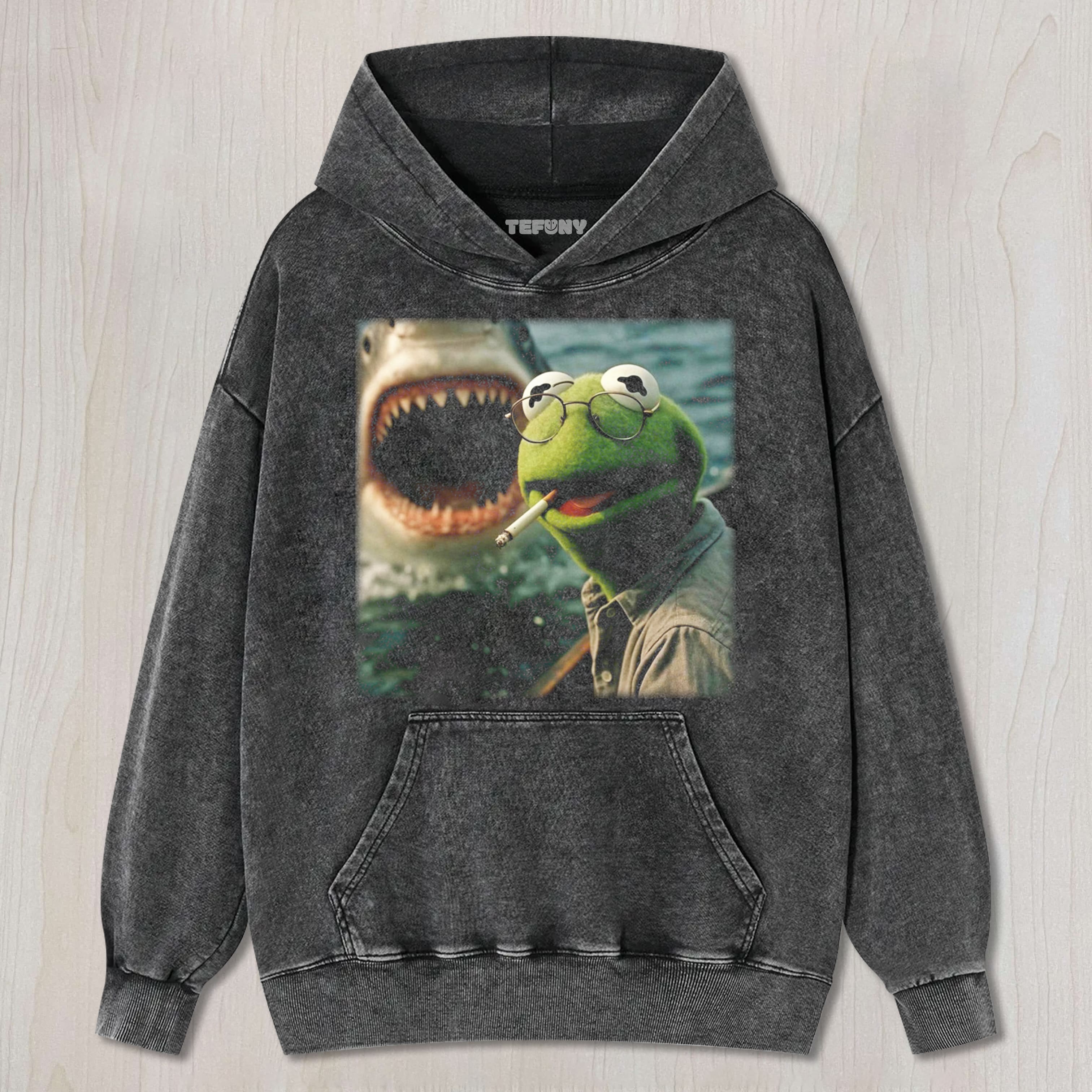 CHILL FROG PUPPET SMOKING WITH GIANT SHARK MEME TEE & SWEAT & HOOD