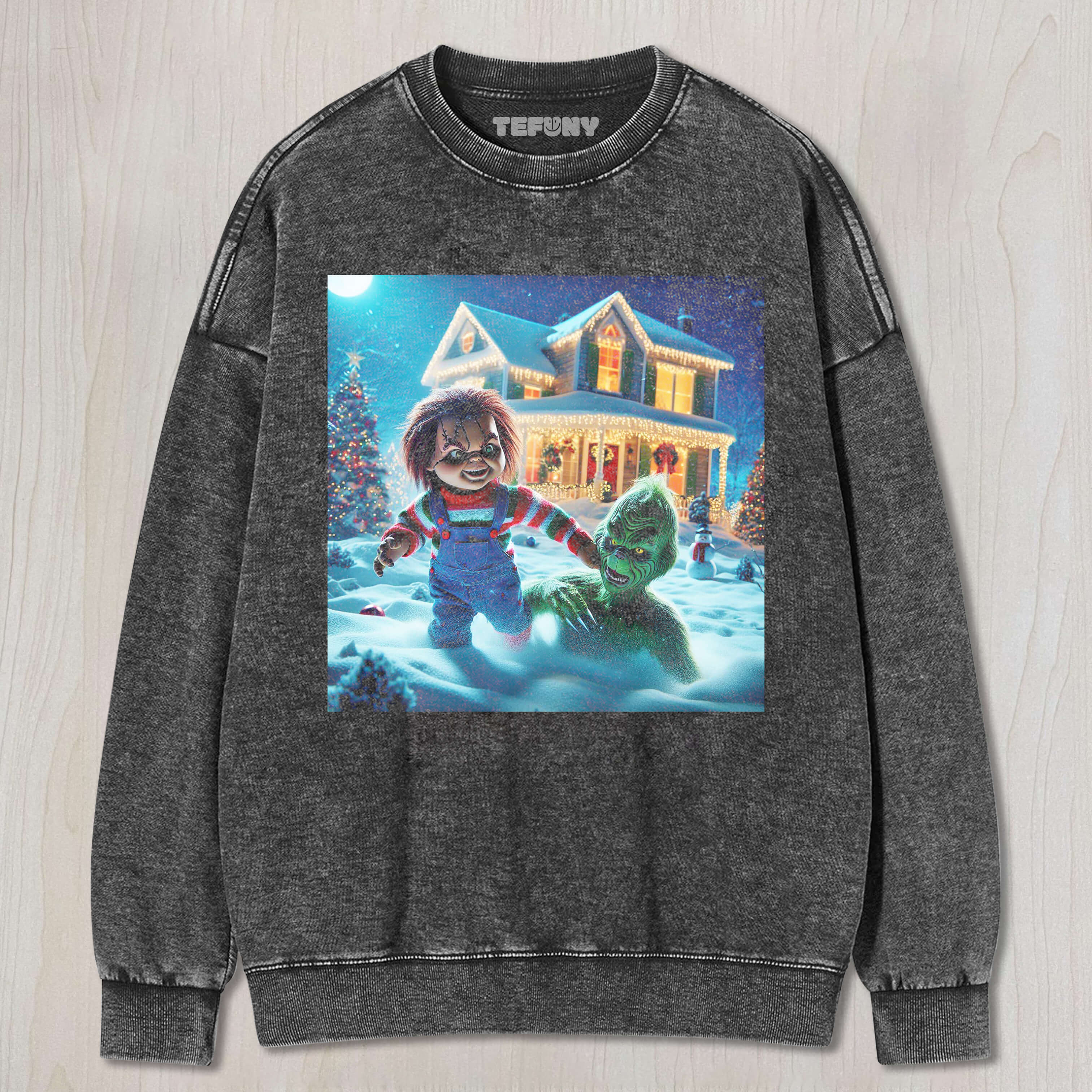 CHUCKY CHASES AFTER THE GRINCH V1 T-SHIRT & LONG SLEEVES & HOODIES