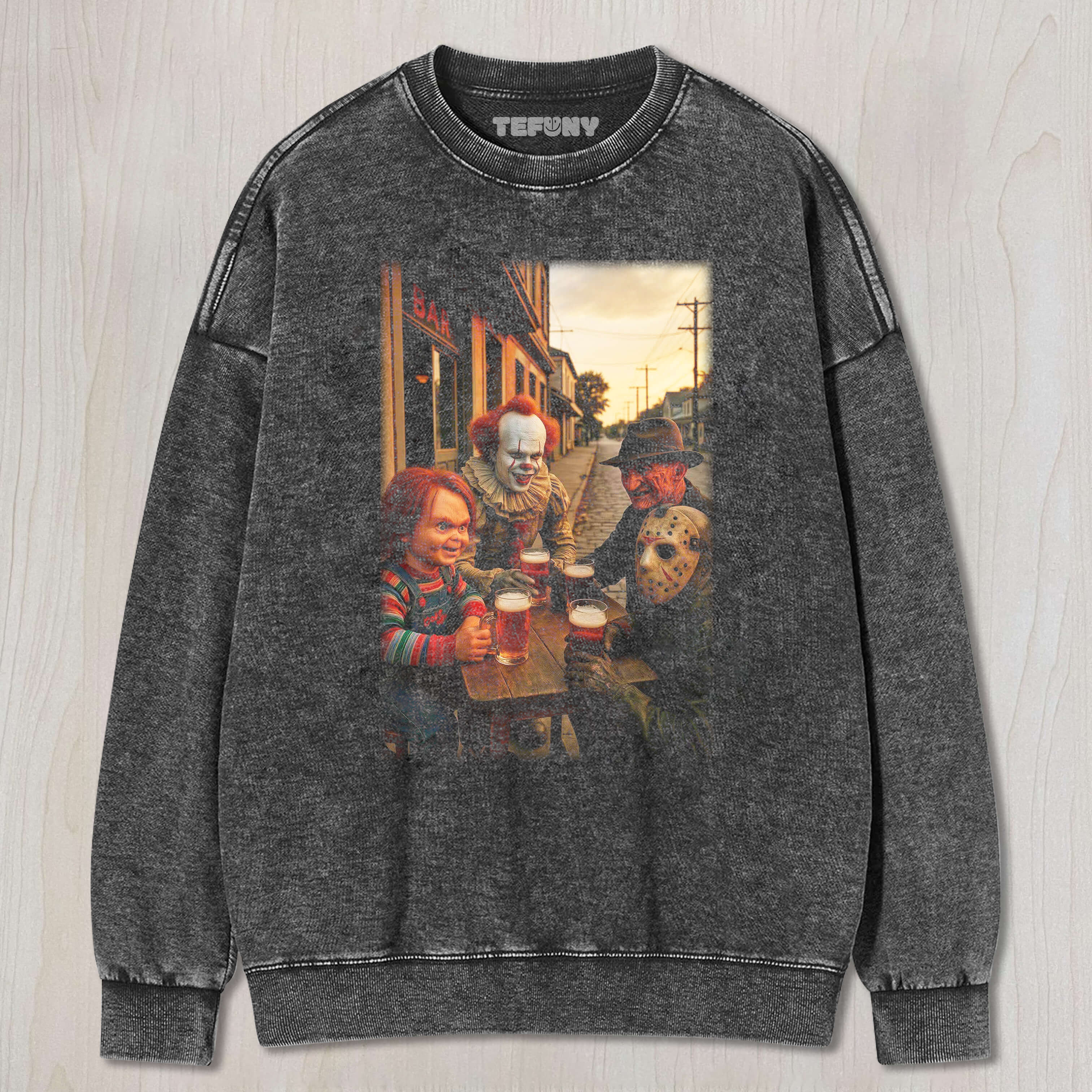 CHUCKY, PENNYWISE, FREDDY KRUEGER, AND JASON DRINK BEER TEE & SWEAT & HOOD