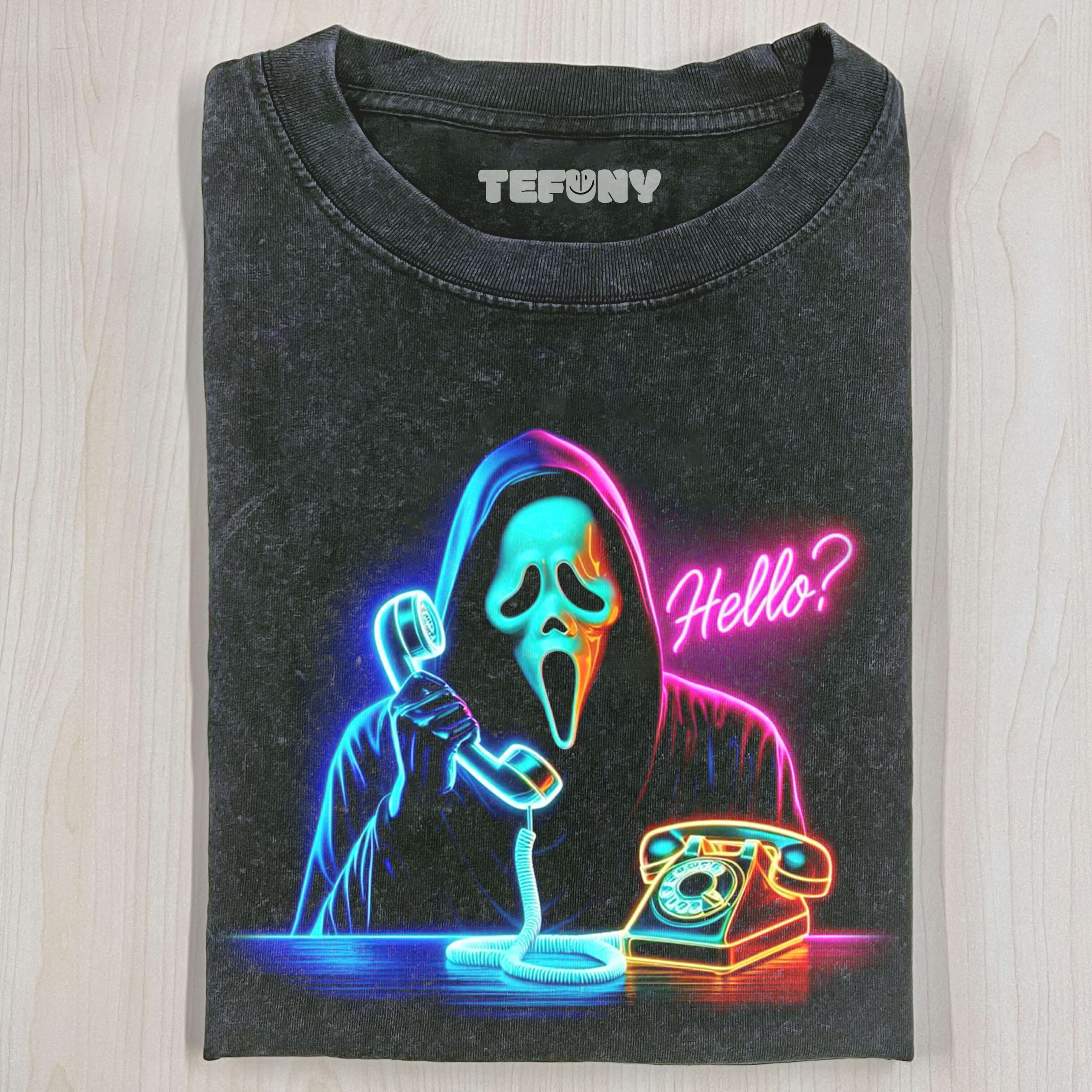 COLORFUL GHOST FACE MAKING PHONE CALLS T-SHIRT