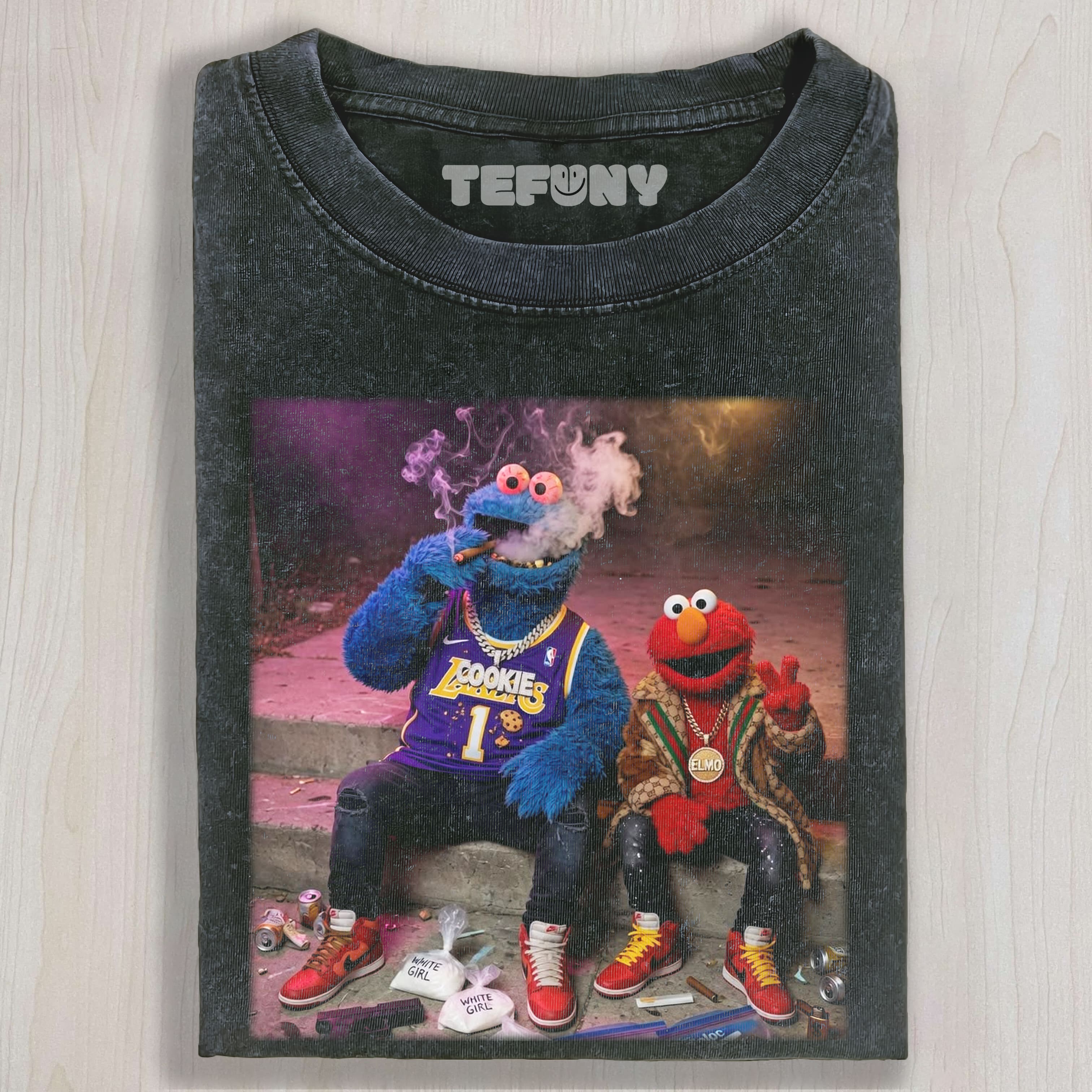COOKIE MONSTER AND ELMO ON THE STREET UNISEX TEE, TANK TOP, LAYERED LS, SWEATSHIRT & HOODIE