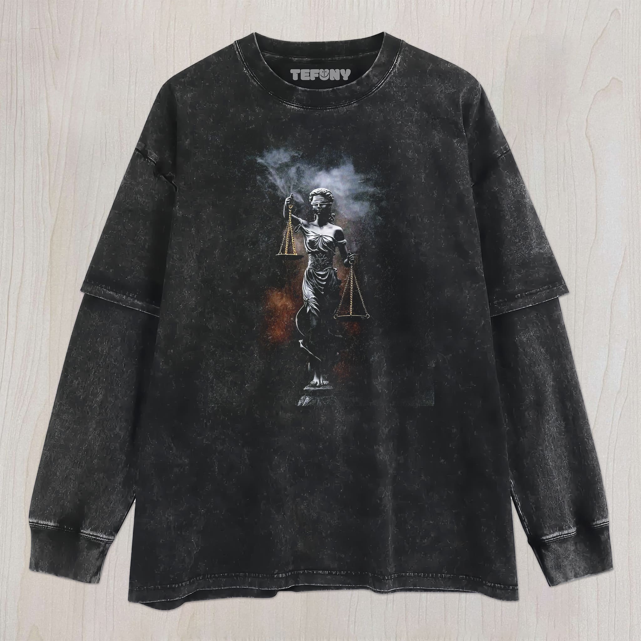 DARK STATUE LADY JUSTICE UNISEX TEE, TANK TOP, LAYERED LS, SWEATSHIRT & HOODIE