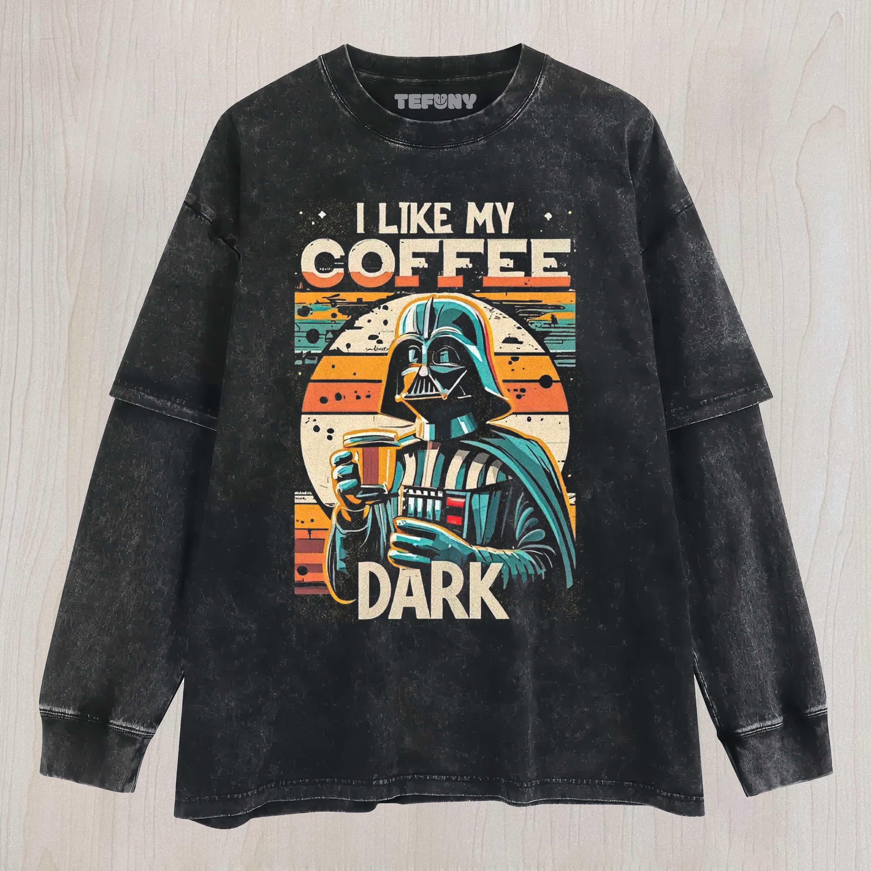 DARK VILLAIN COFFEE QUOTE GRAPHIC WASHED UNISEX TEE, TANK TOP, LAYERED LS, SWEATSHIRT & HOODIE