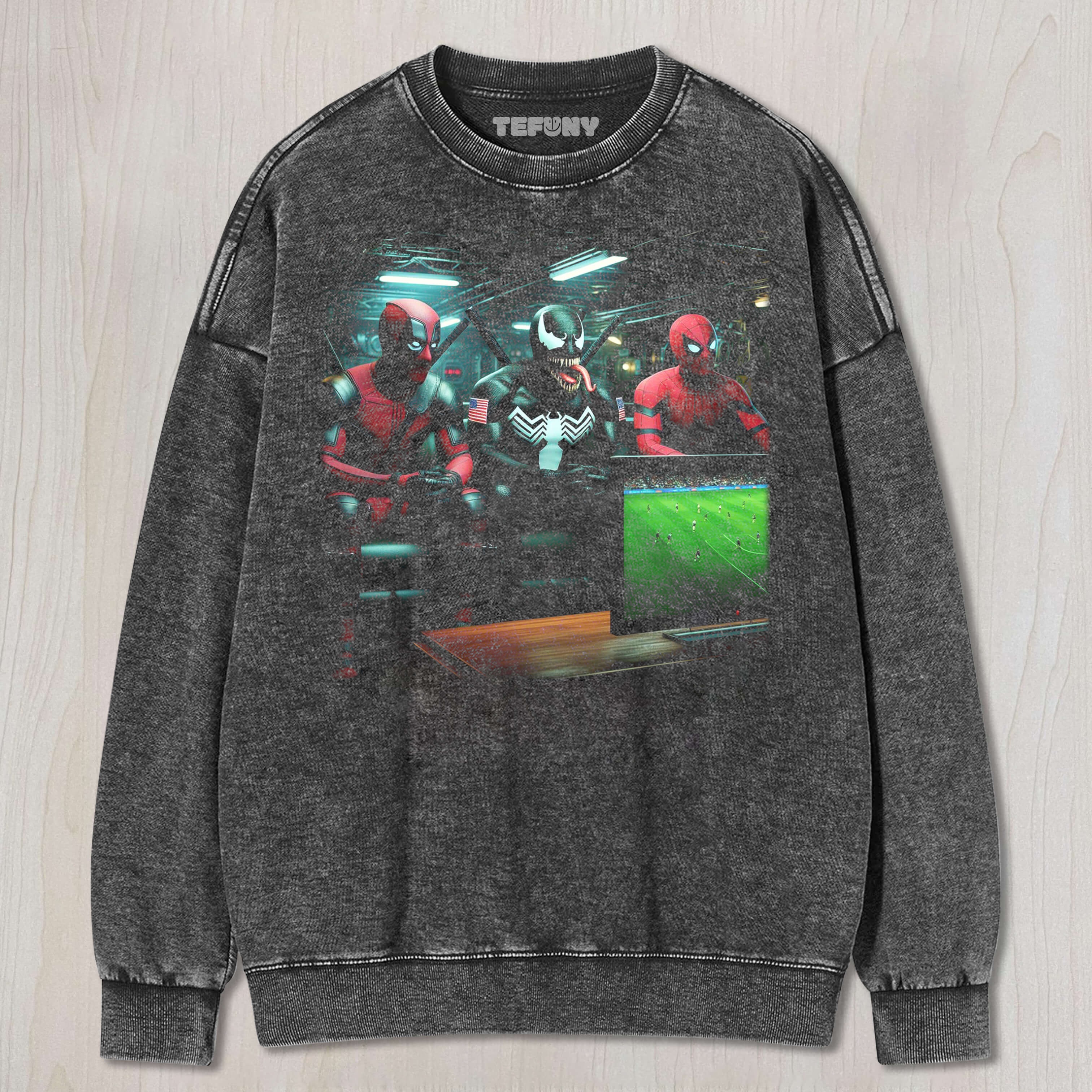 DEADPOOL, VENOM, AND SPIDER-MAN WATCH A FOOTBALL GAME TEE & SWEAT & HOOD
