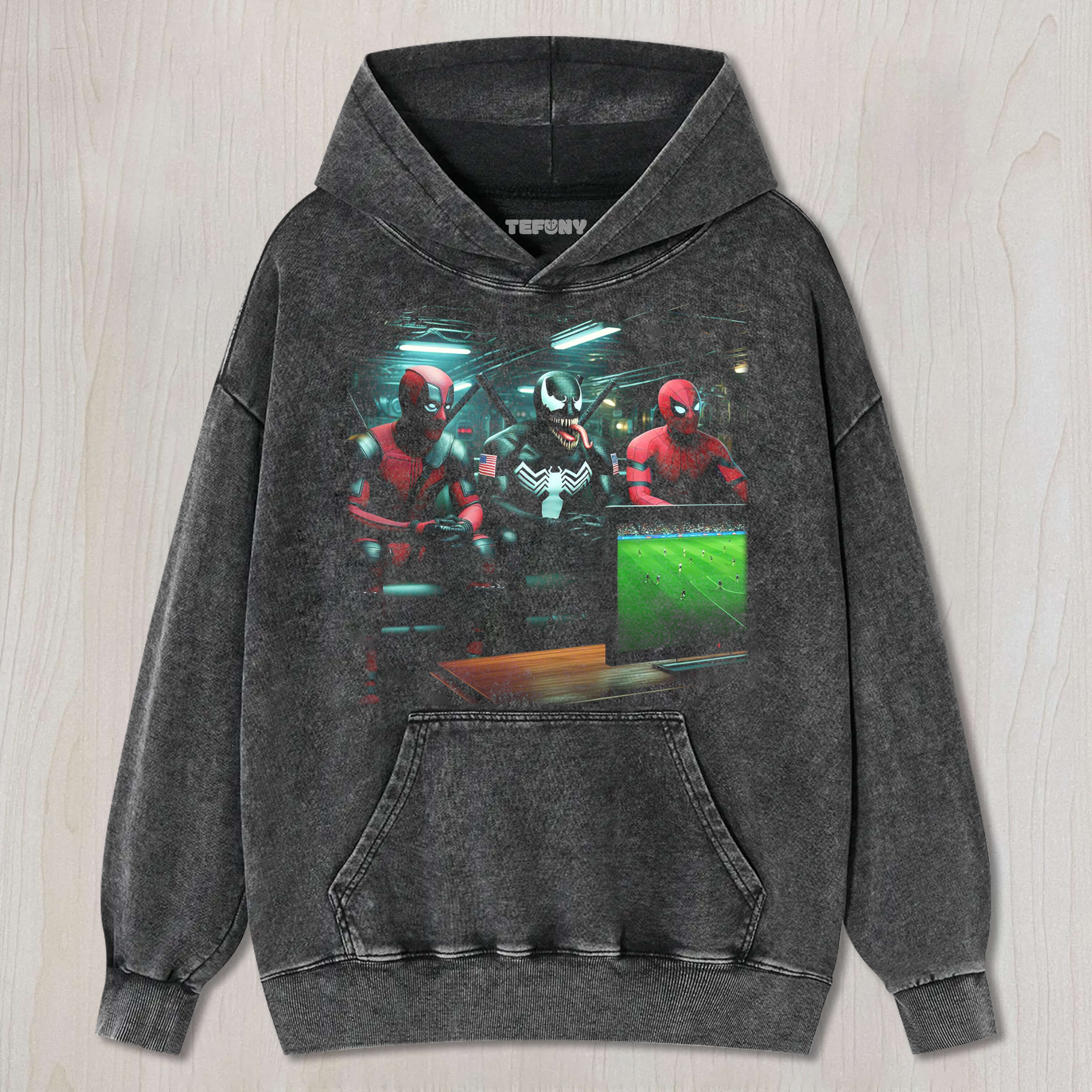 DEADPOOL, VENOM, AND SPIDER-MAN WATCH A FOOTBALL GAME TEE & SWEAT & HOOD