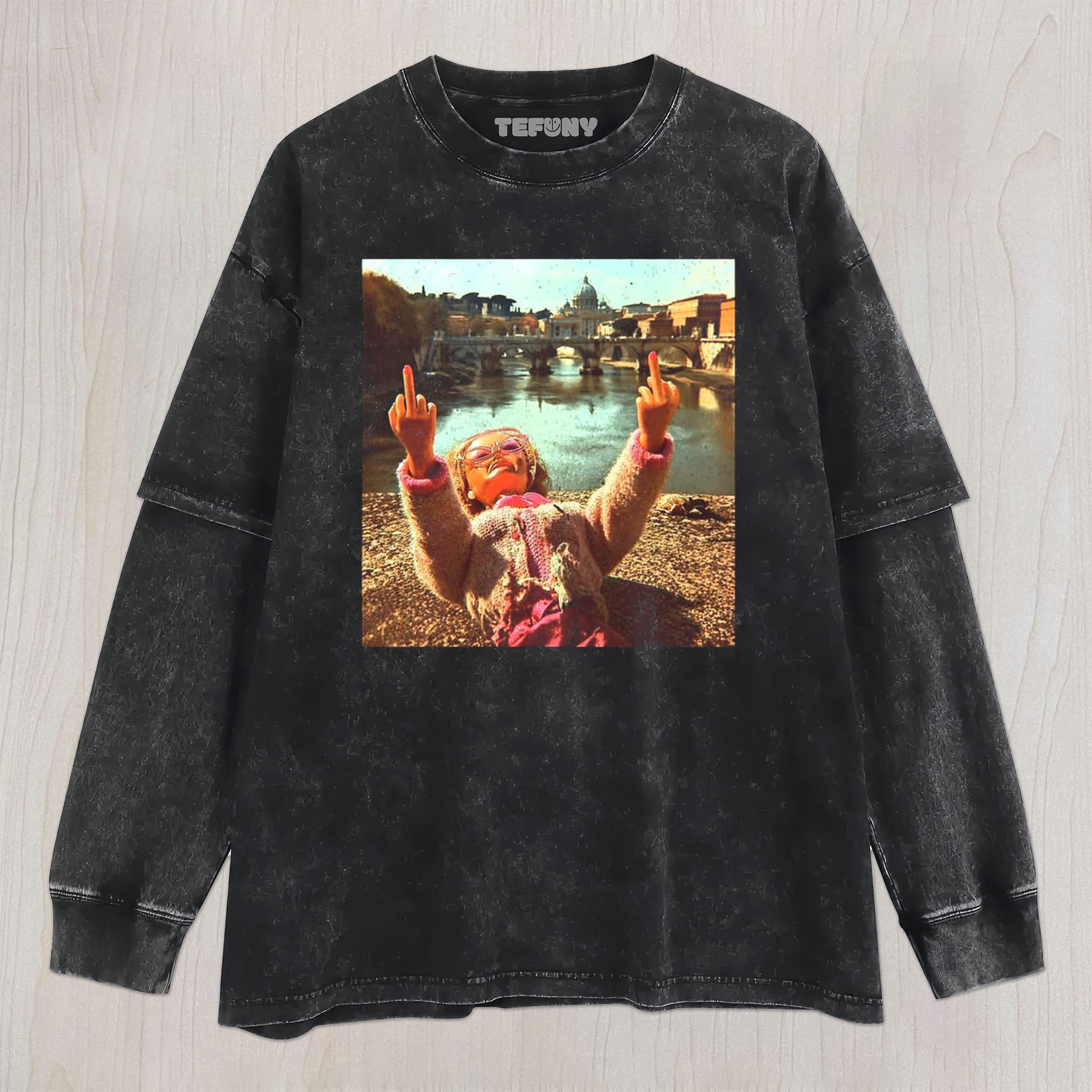 DISTRESSED DOLL MEME UNISEX TEE, TANK TOP, LAYERED LS, SWEATSHIRT & HOODIE