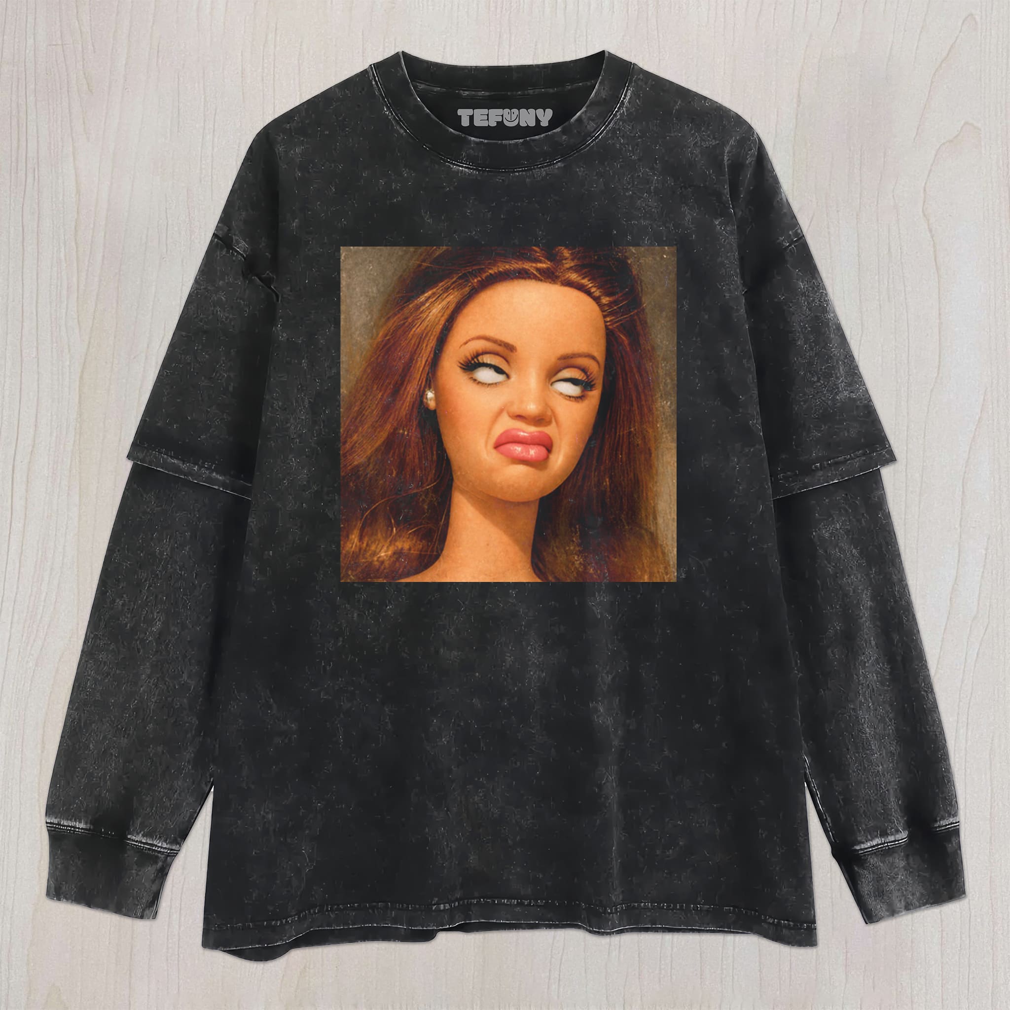 DISTRESSED DOLL MEME V18 UNISEX TEE, TANK TOP, LAYERED LS, SWEATSHIRT & HOODIE