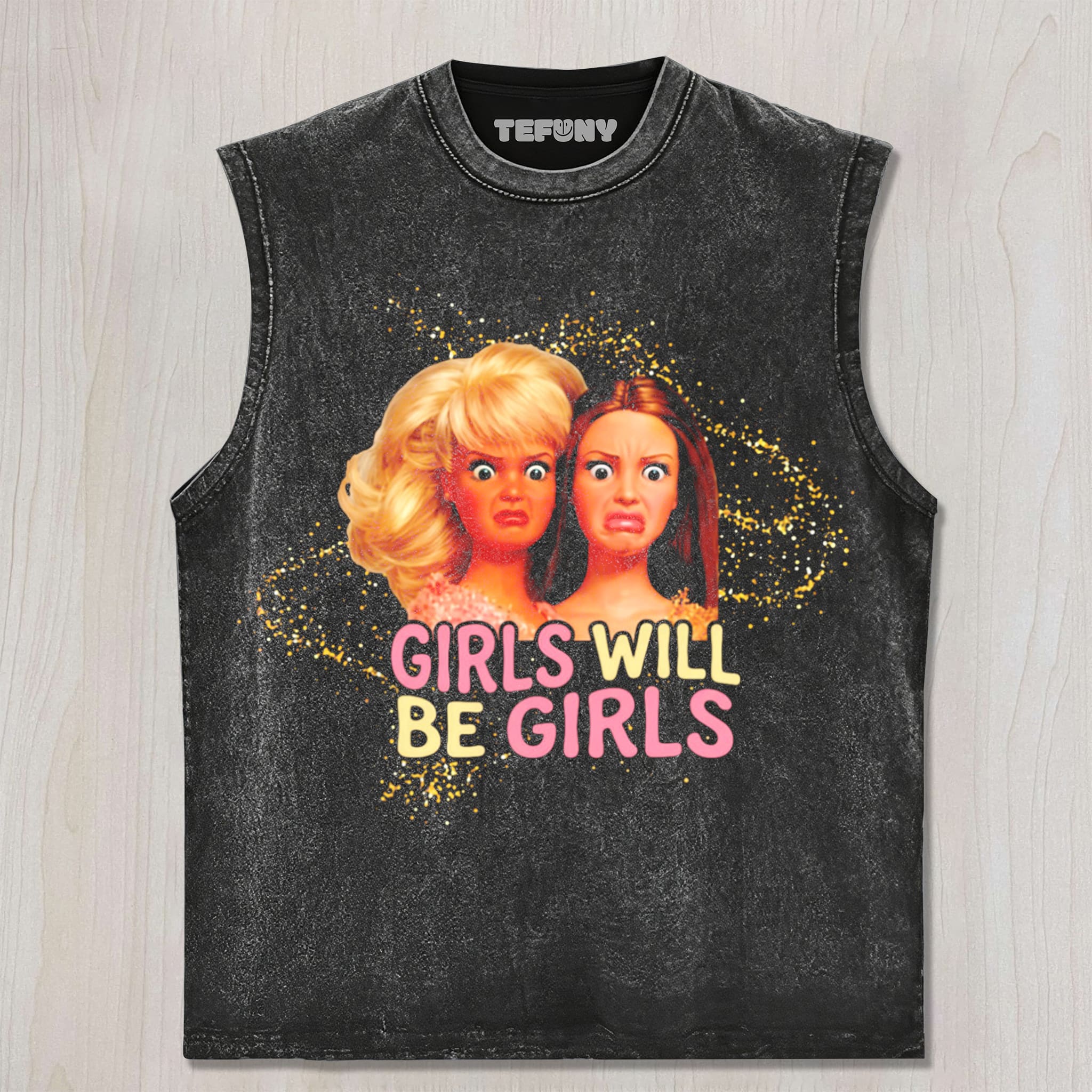 DISTRESSED DOLL MEME V26 UNISEX TEE, TANK TOP, LAYERED LS, SWEATSHIRT & HOODIE