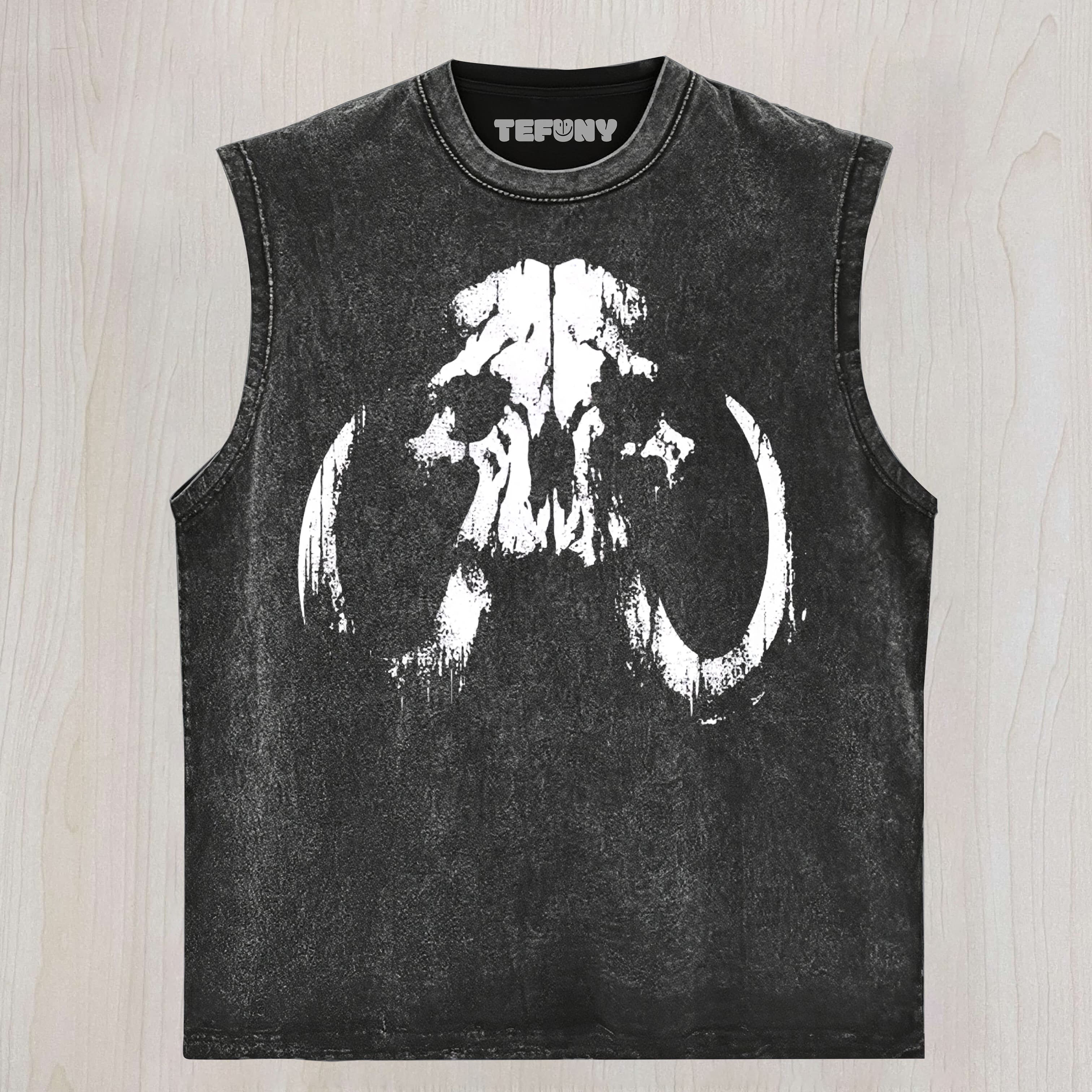 DISTRESSED DRIP MANDALORIAN SKULL SLEEVELESS WASHED UNISEX TEE, TANK TOP, LAYERED LS, SWEATSHIRT & HOODIE