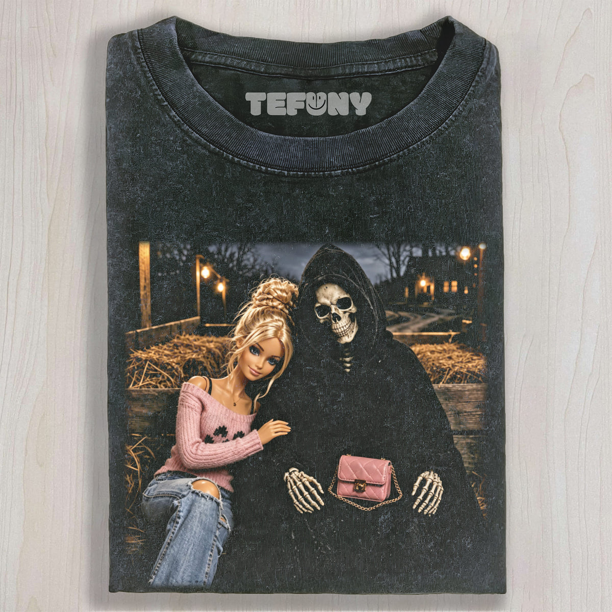 DOLL GIRL GRIM REAPER HALLOWEEN UNISEX TEE, TANK TOP, LAYERED LS, SWEATSHIRT & HOODIE