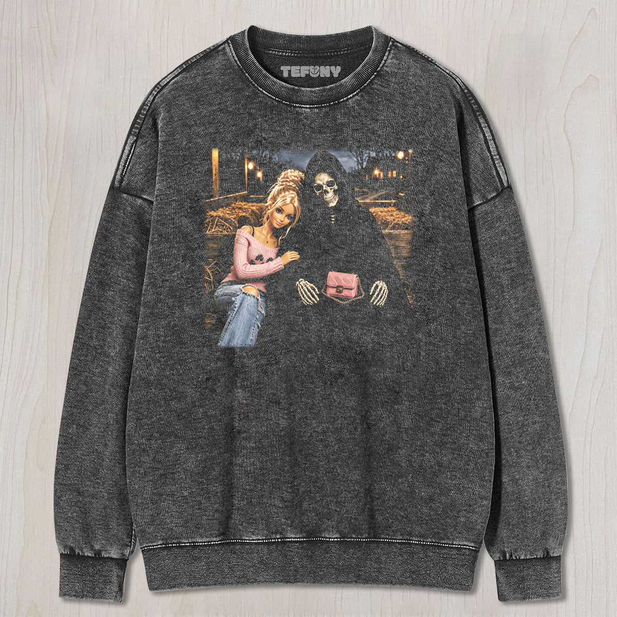 DOLL GIRL GRIM REAPER HALLOWEEN UNISEX TEE, TANK TOP, LAYERED LS, SWEATSHIRT & HOODIE