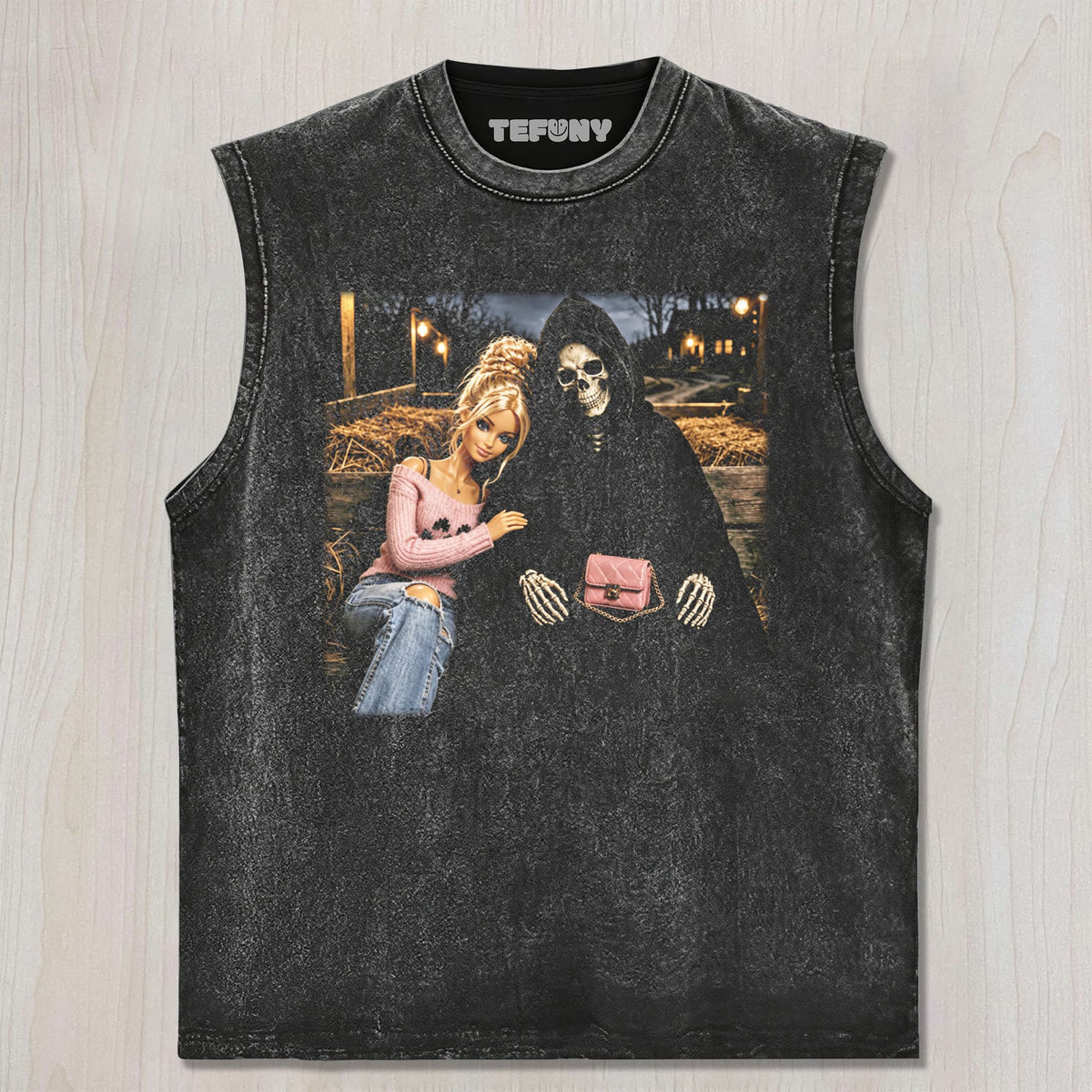 DOLL GIRL GRIM REAPER HALLOWEEN UNISEX TEE, TANK TOP, LAYERED LS, SWEATSHIRT & HOODIE