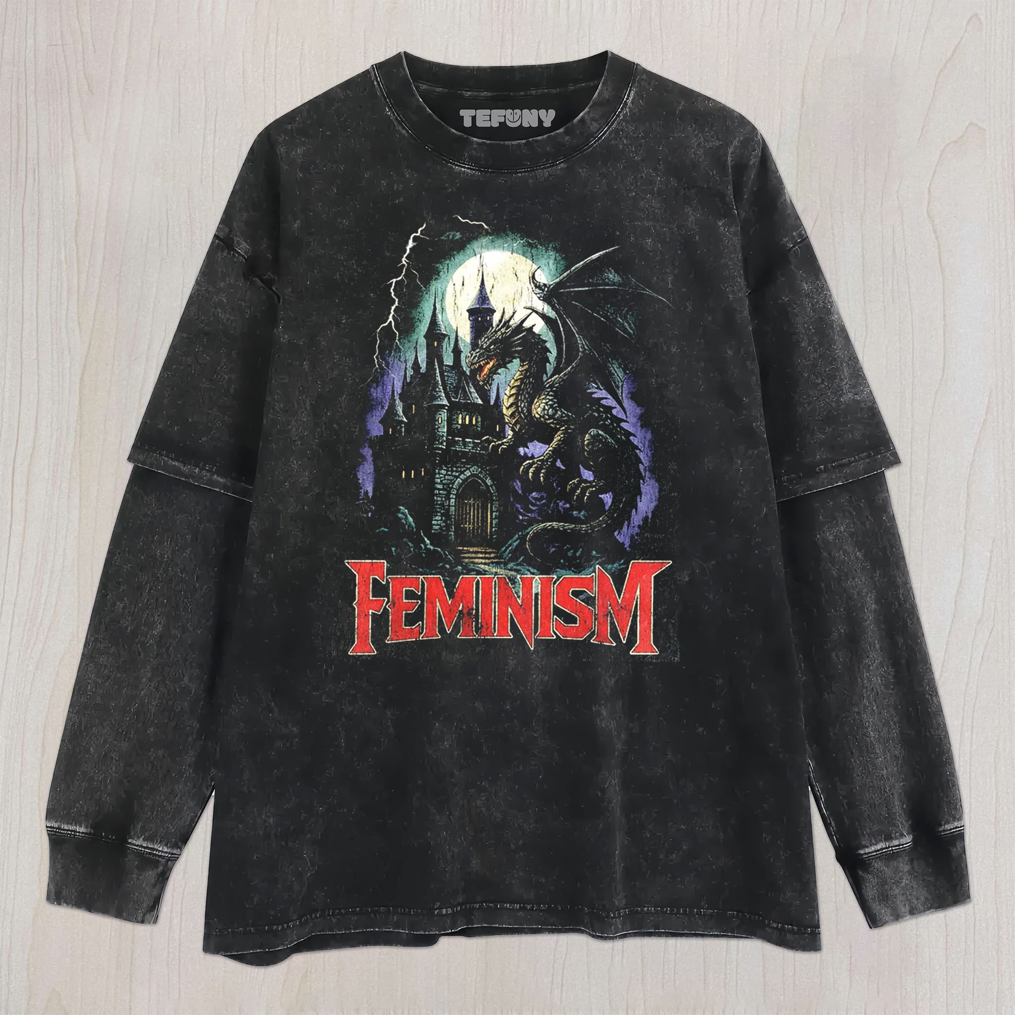 FEMINISM DRAGON FANTASY VINTAGE GRAPHIC UNISEX TEE, TANK TOP, LAYERED LS, SWEATSHIRT & HOODIE