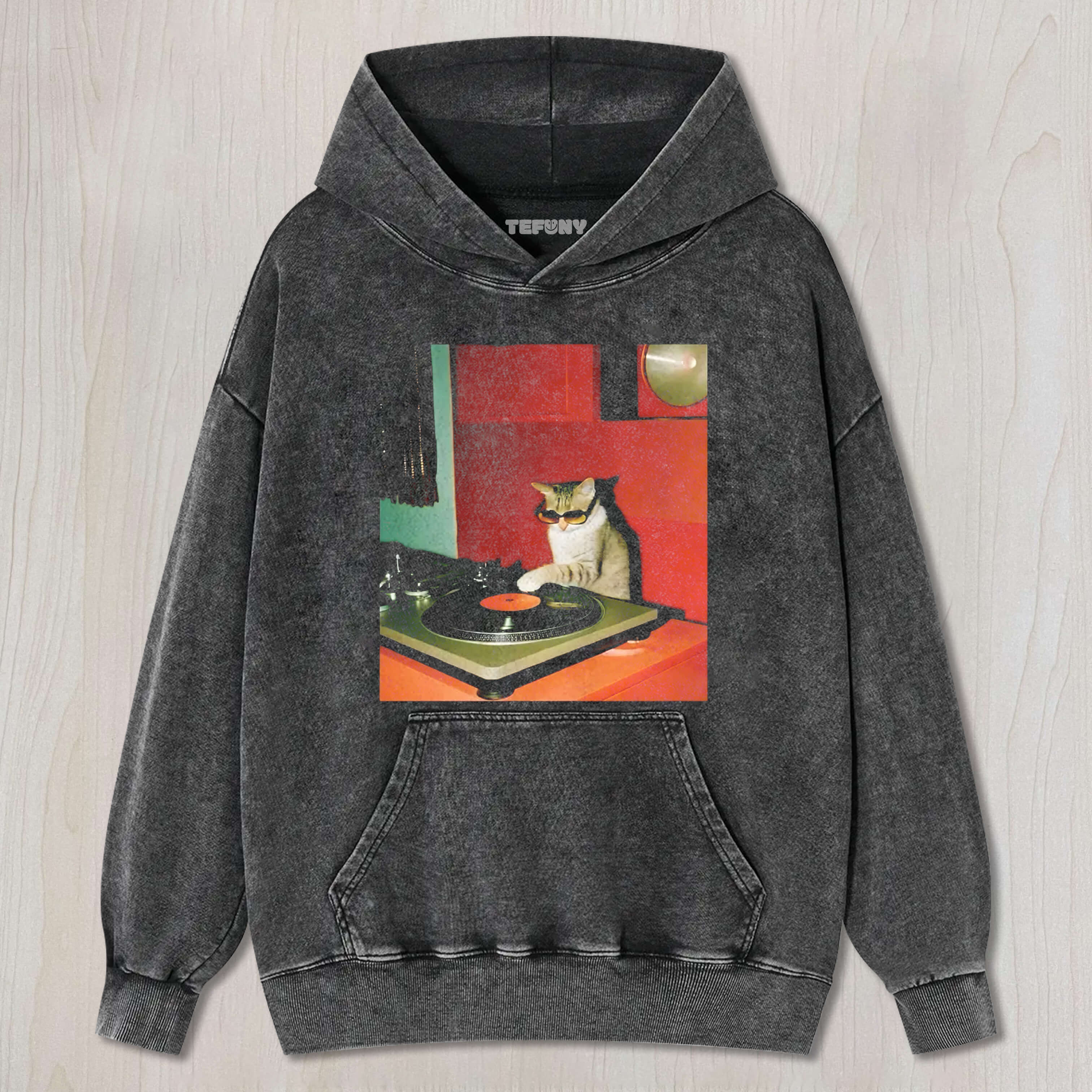 FUNNY CAT DJ MEME VINTAGE WASHED TEE & SWEAT & HOOD